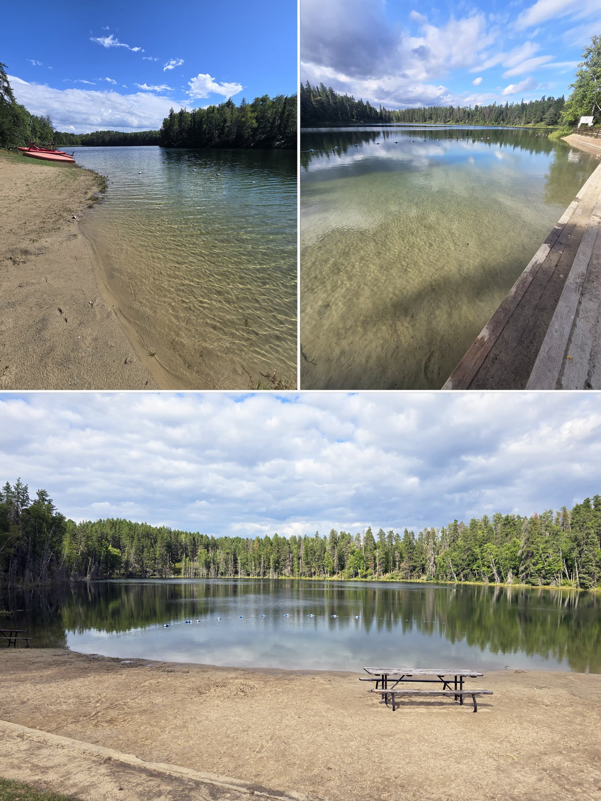 3 part image showing various swimming beaches at kettle lakes provincial park.