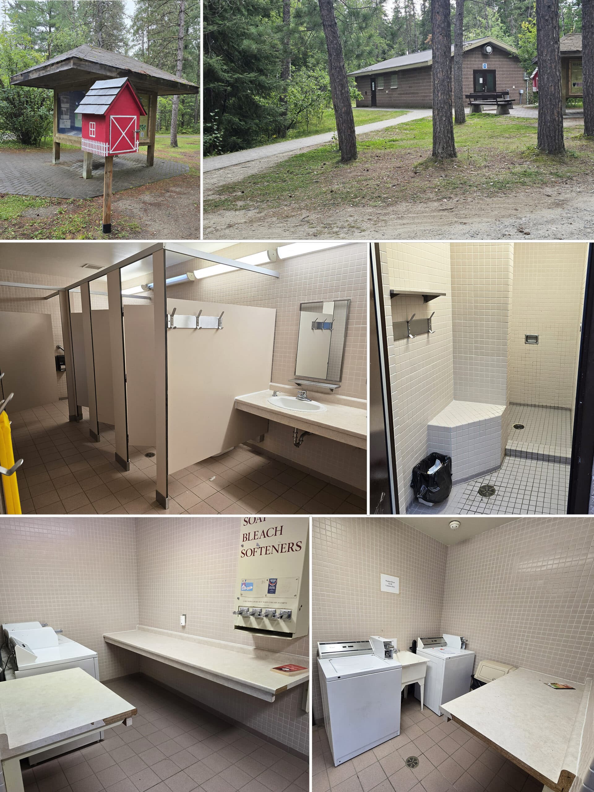 6 part image showing various facets of the main comfort station at kettle lakes provincial park.