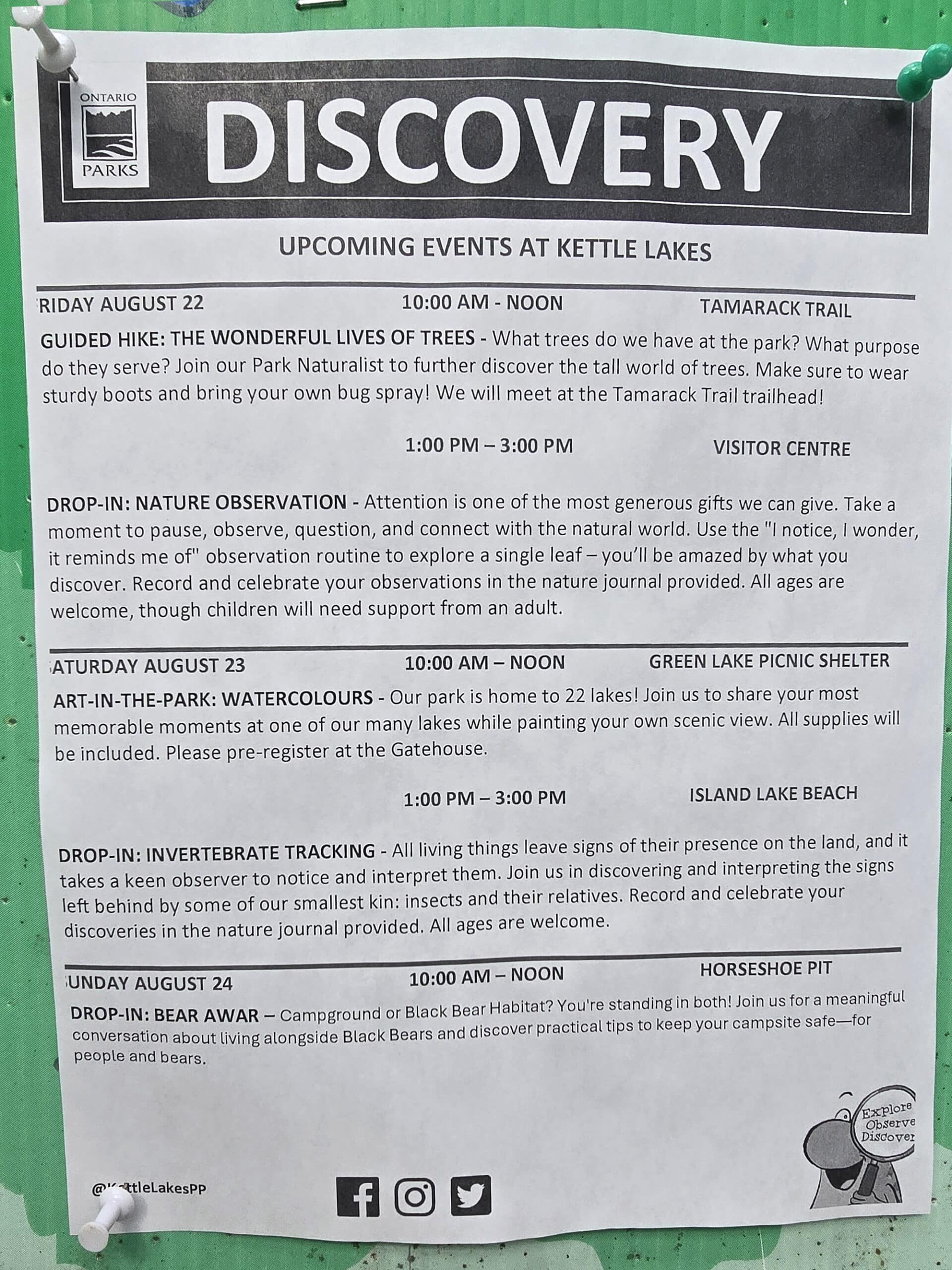 A printed schedule of events for Kettle Lakes Provincial park discovery program.