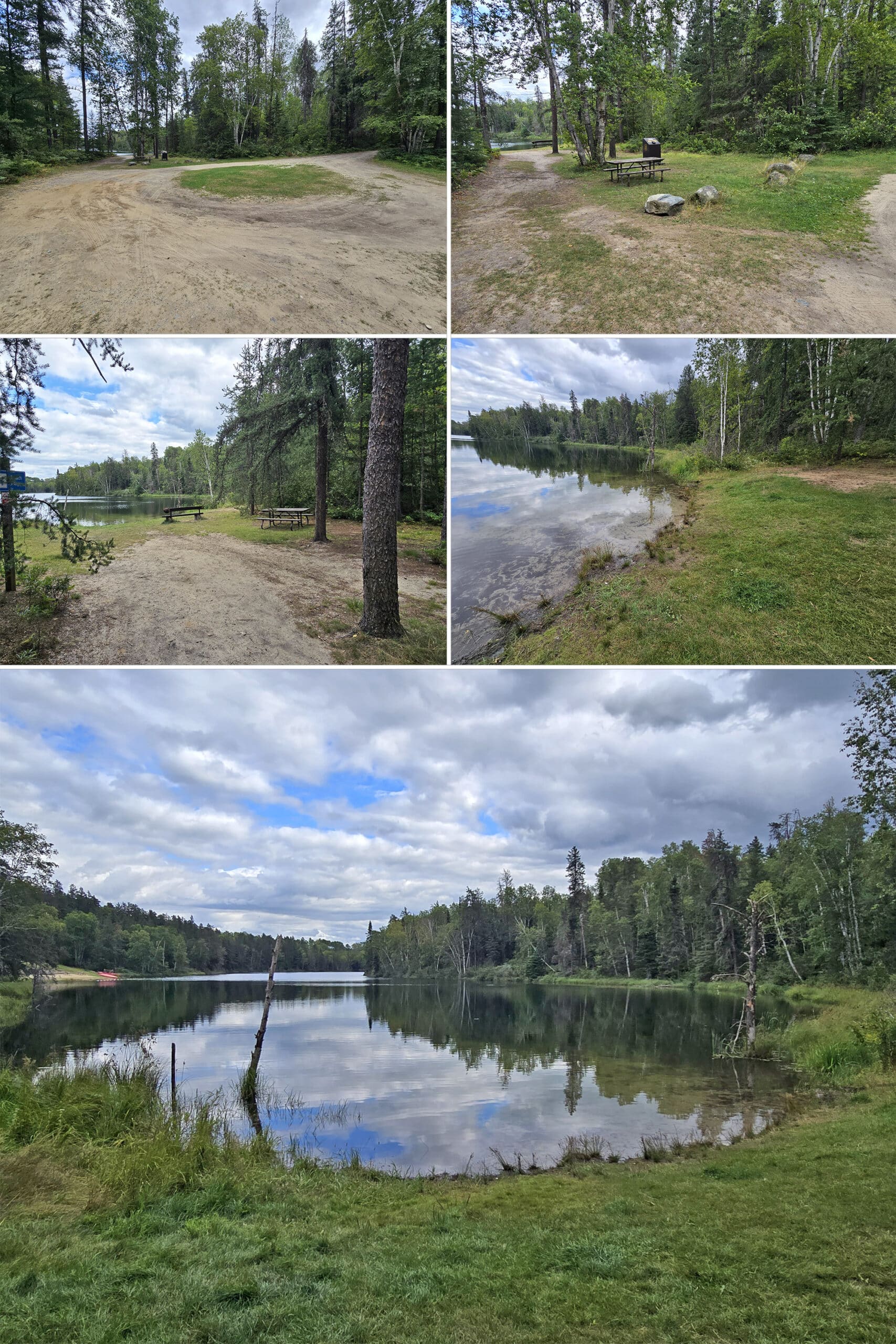 5 part image showing various views of the dog beach at kettle lakes provincial park.