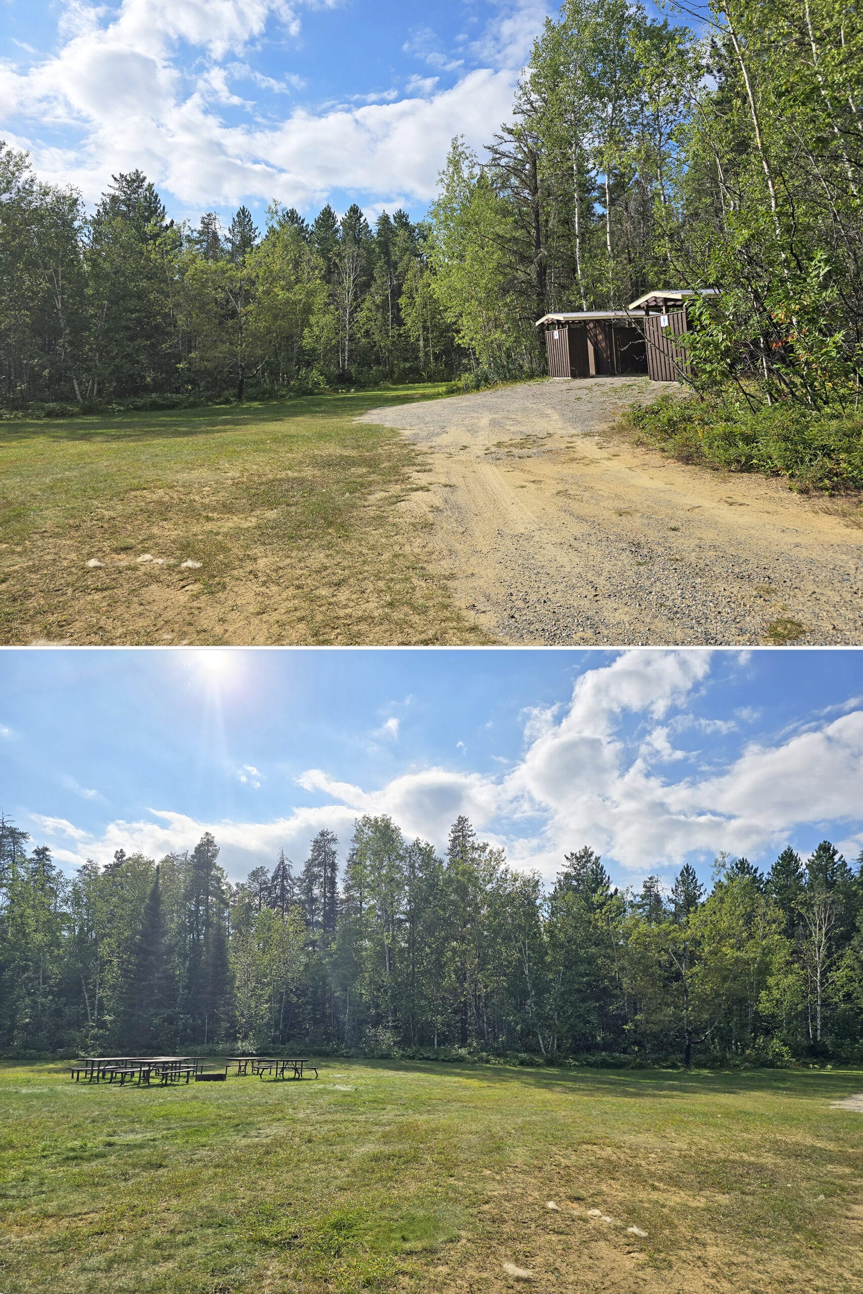 2 part image showing one of the group campsites at kettle lakes provincial park.