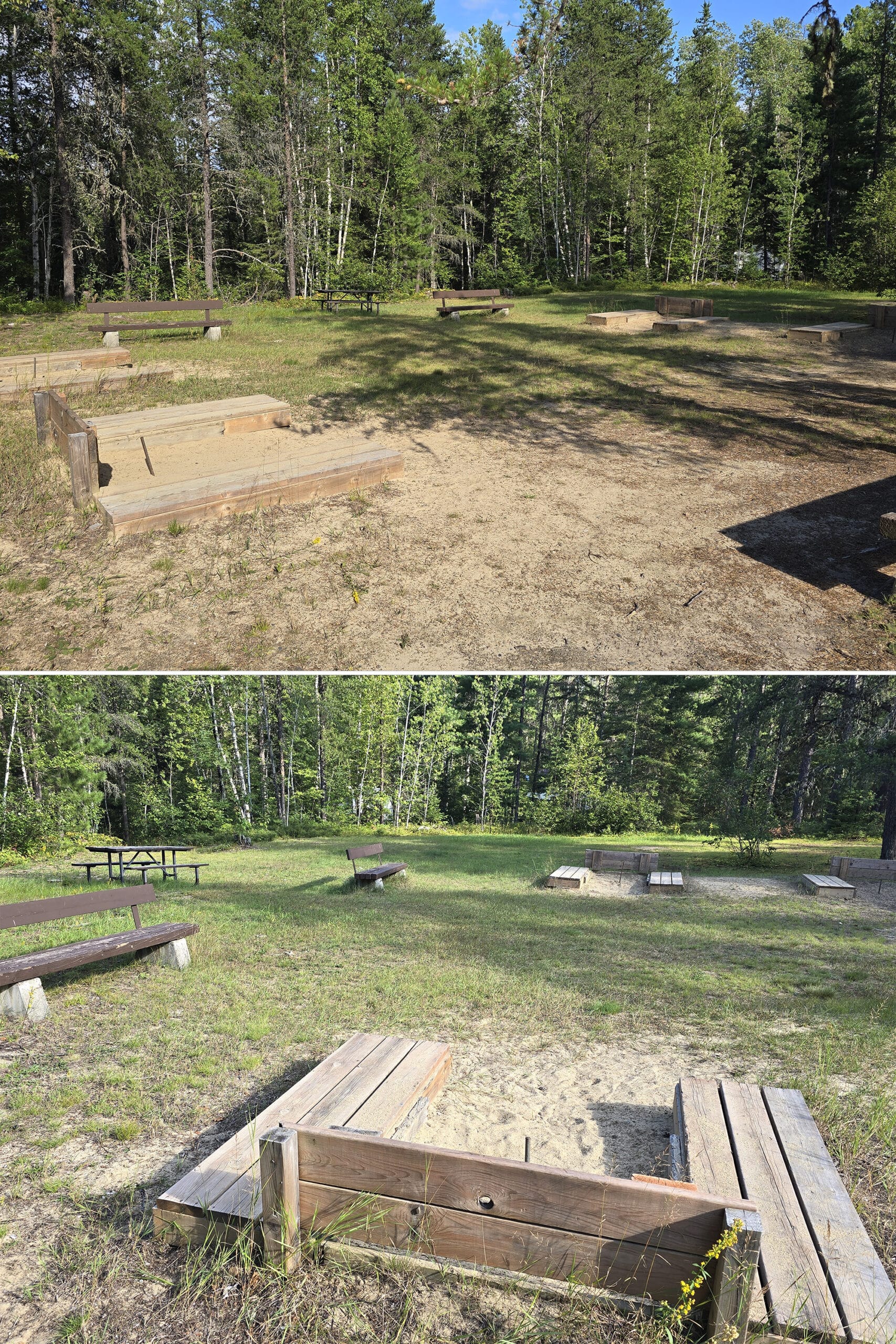 2 part image showing the horseshoe pits at kettle lakes provincial park.