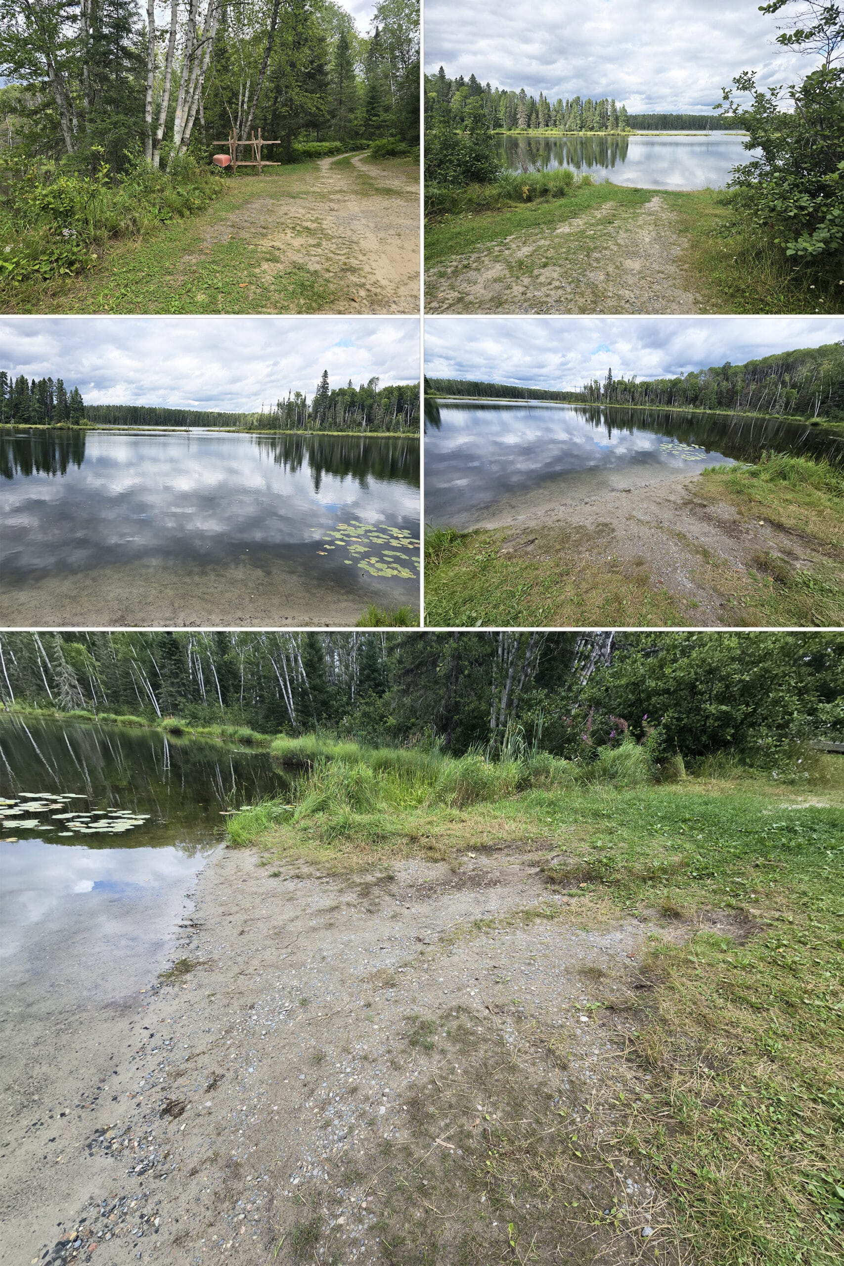 4 part image showing various views of the hughes lake boat launch at Kettle Lakes Provincial Park.