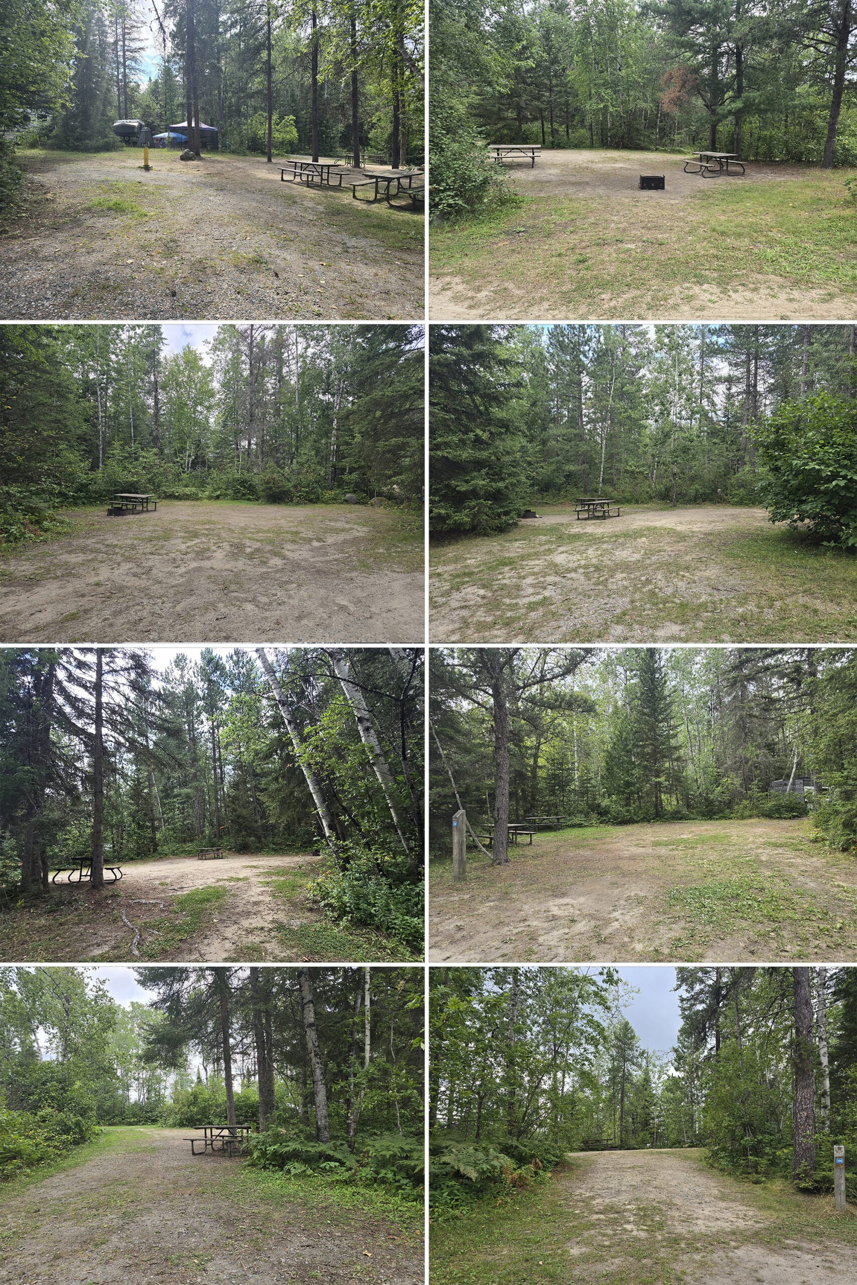 4 part image showing various campsites in the island lake campground at Kettle Lakes Provincial Park.
