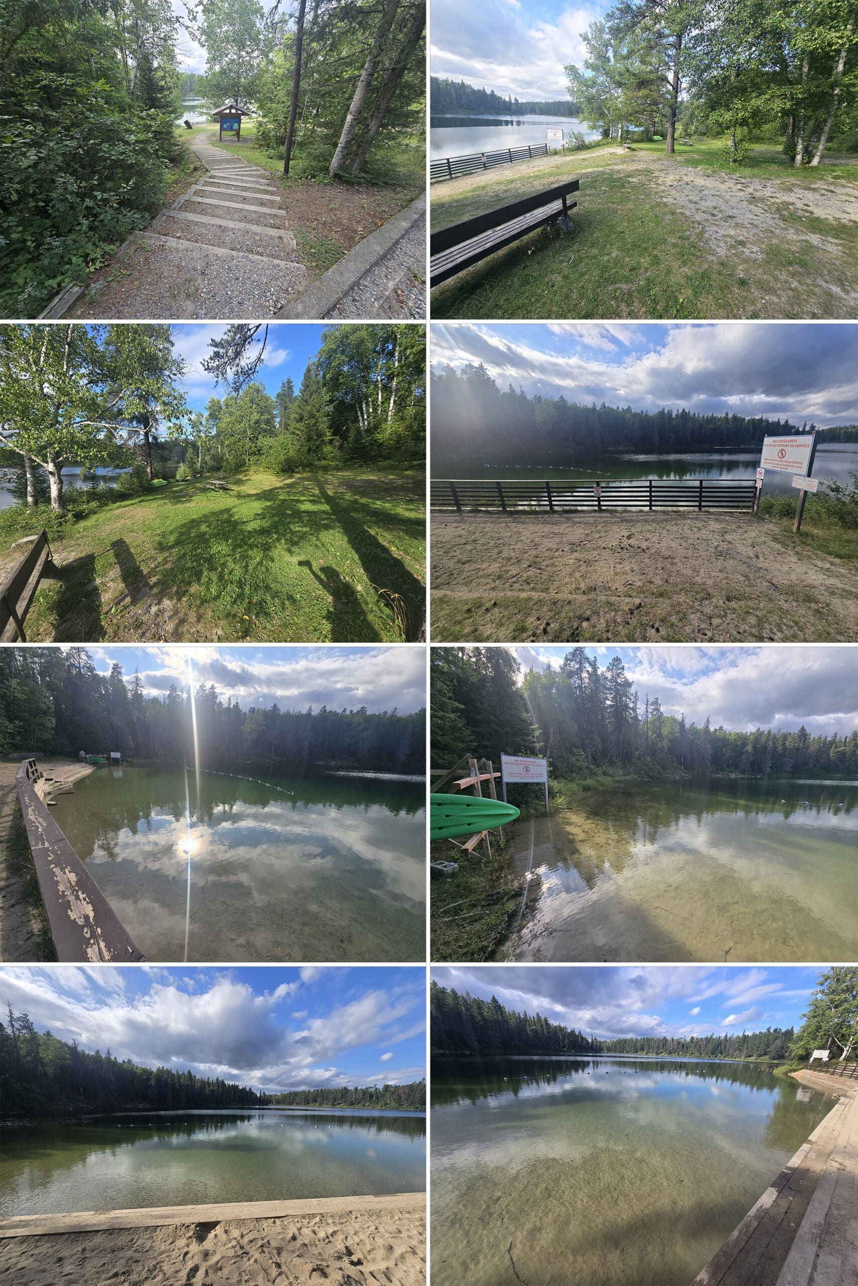 4 part image showing various views of the island lakes day use area at Kettle Lakes Provincial Park.