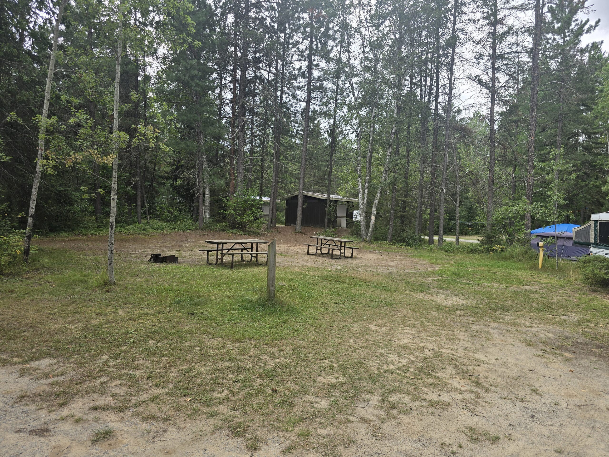 A campsite with two picnic tables and an outhouse in the background.