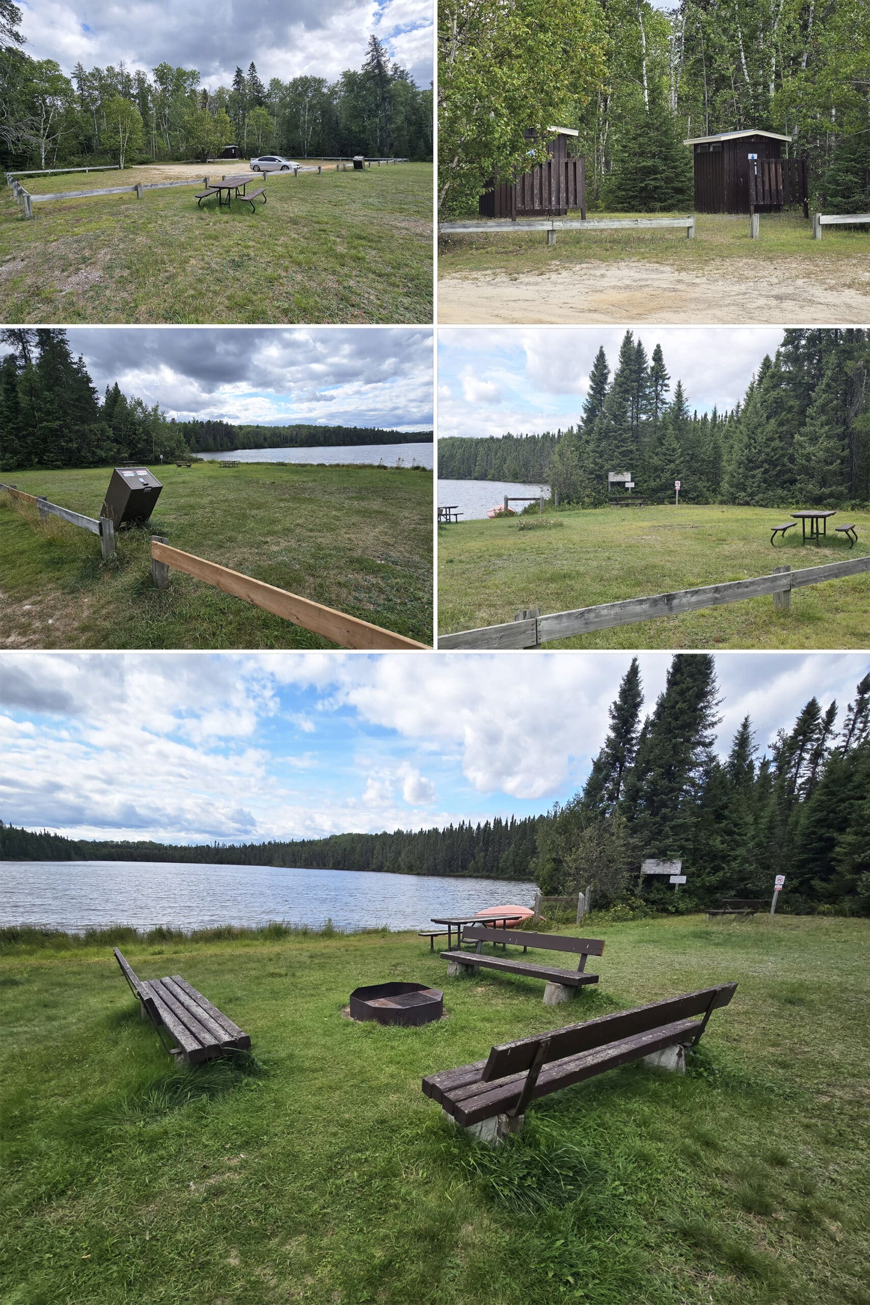 5 part image showing various views of the point lake day use area at Kettle Lakes Provincial Park.