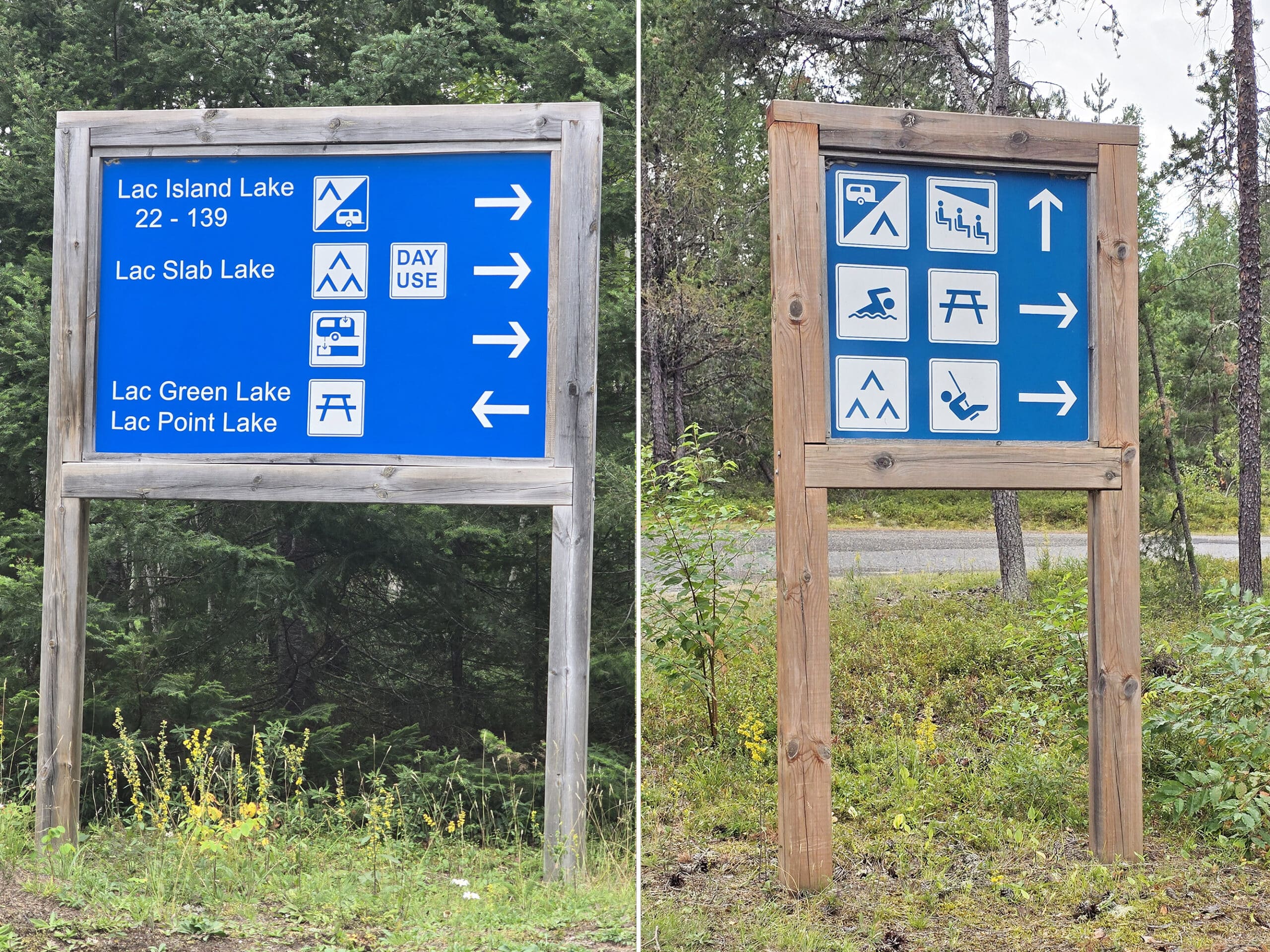 2 blue directional road signs with white lettering and graphics.