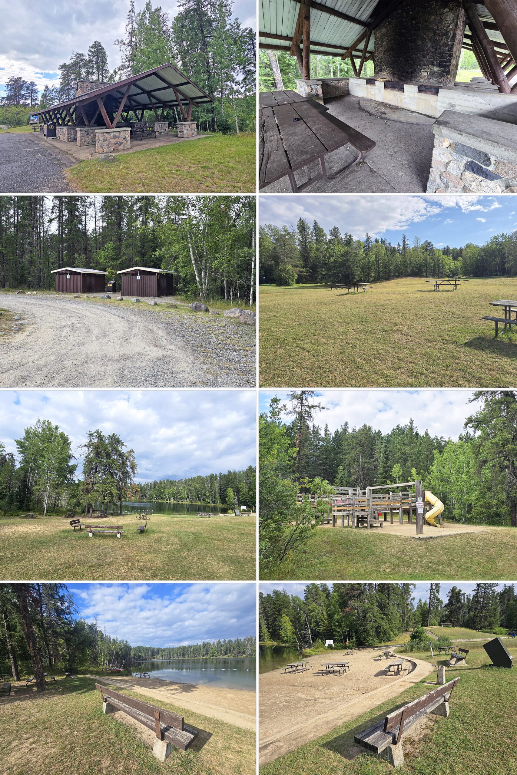 4 part image showing various views of the slab lake day use area at Kettle Lakes Provincial Park.
