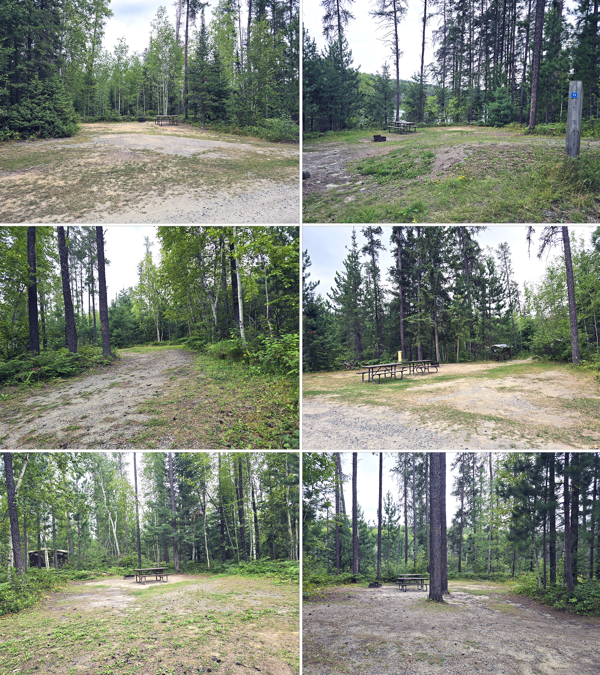 6 part image showing various campsites in the pines campground at Kettle Lakes Provincial Park.