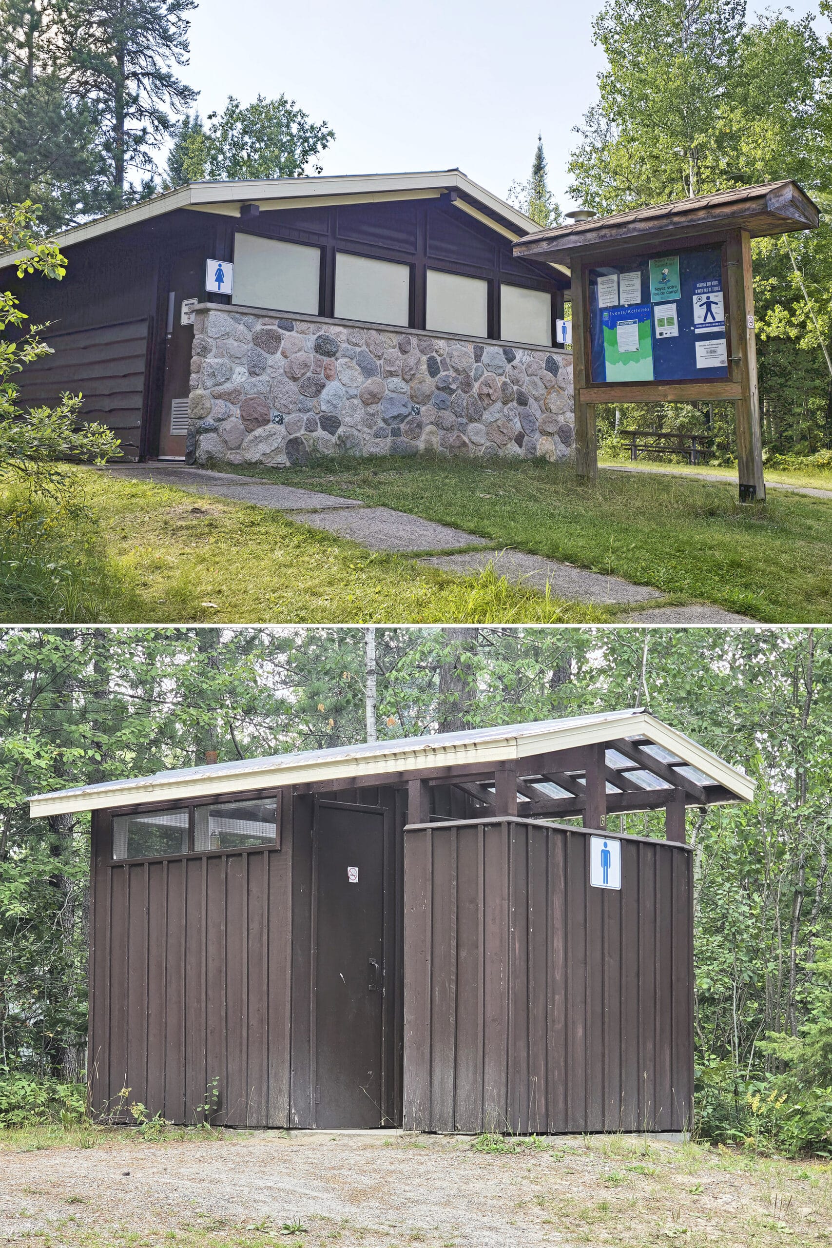 Two part image showing a comfort station and an outhouse.