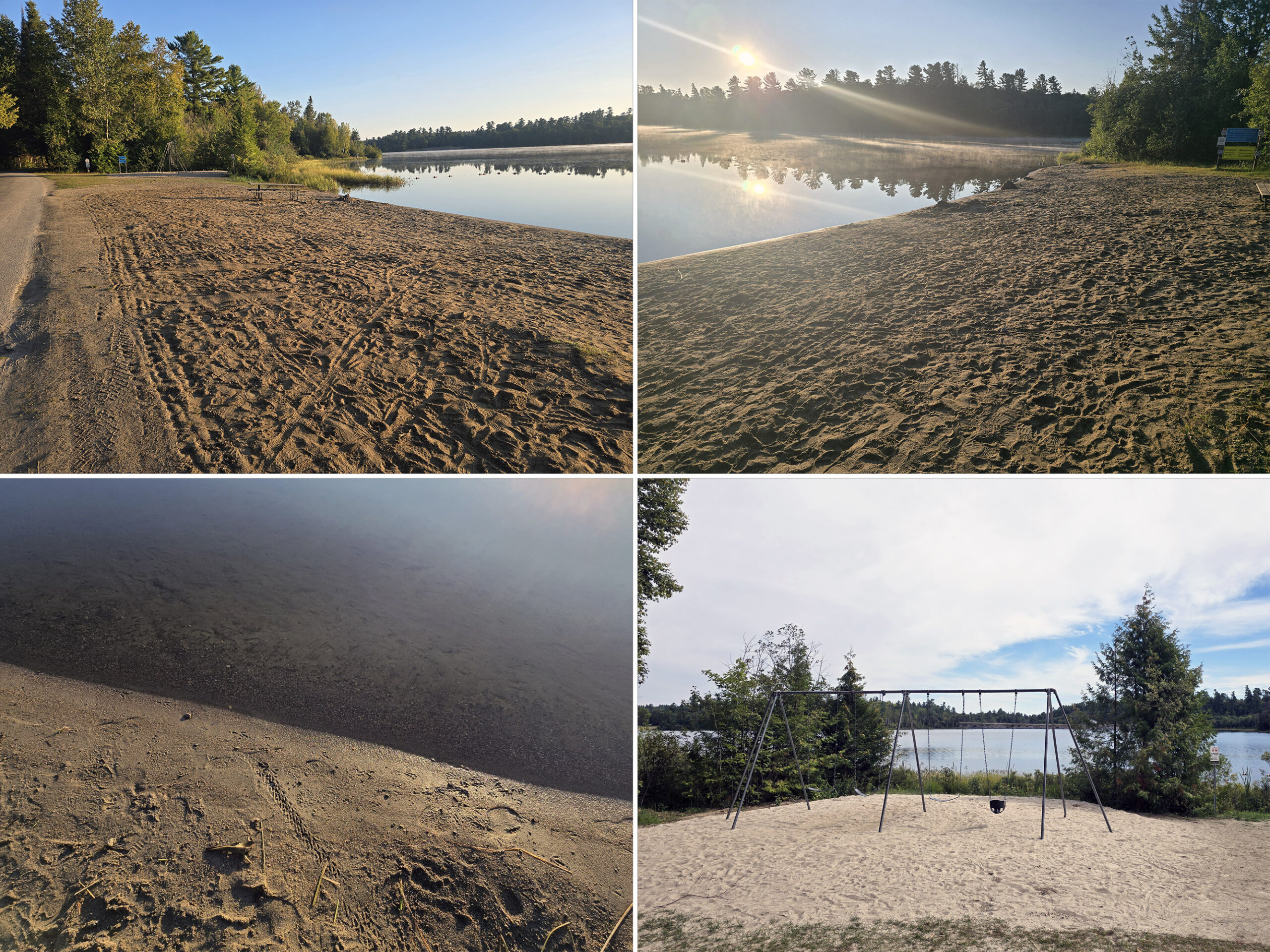 4 part image showing the Assinika campground beach at Marten River Provincial Park.