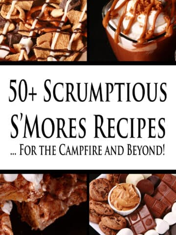 4 part image showing various s'mores inspired dishes. Overlaid text says 50 plus scrumptious s'mores recipes for the campfire and beyond.