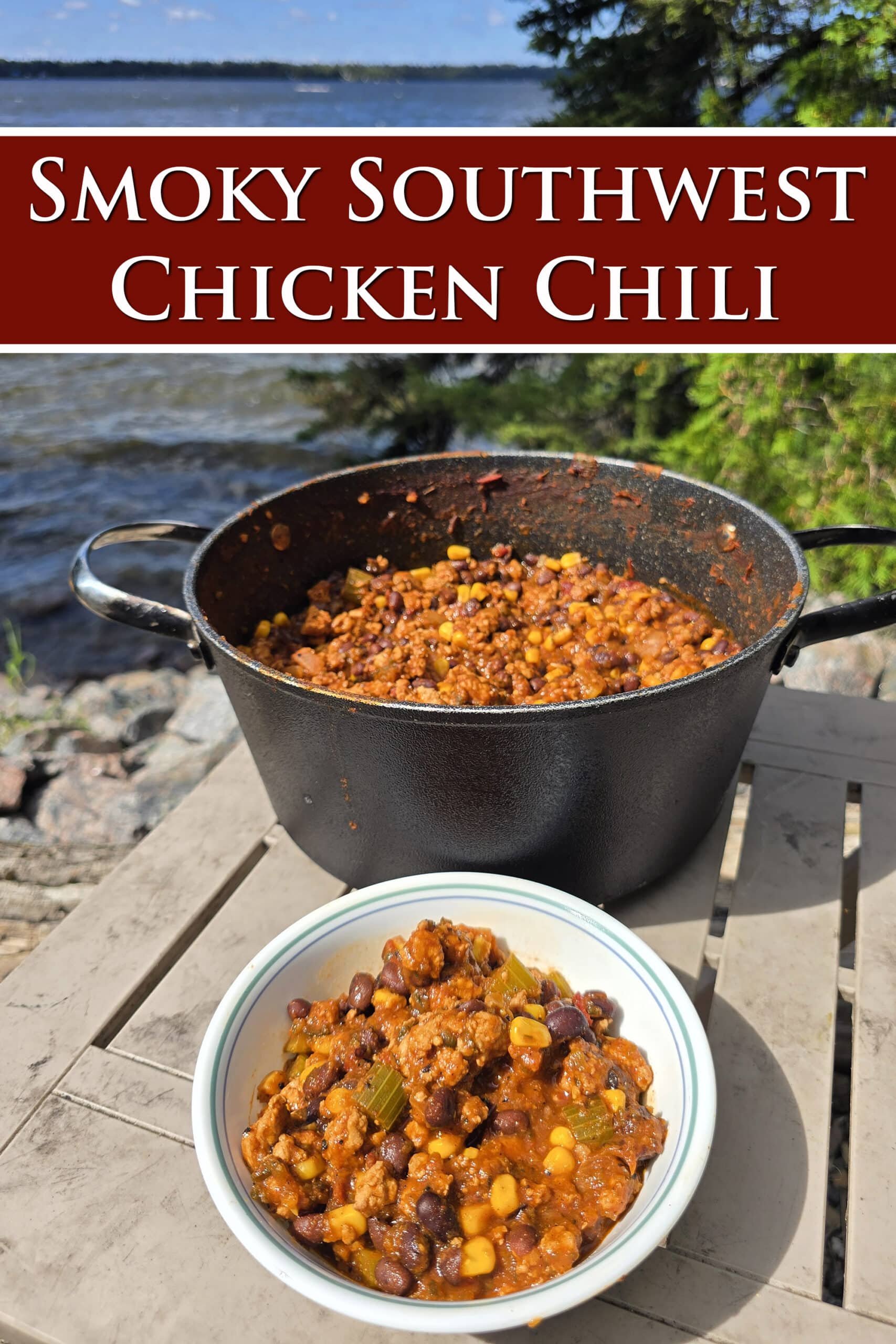 A pot and bowl of southwestern style chicken chili, with colourful peppers, corn, and black beans visible. Overlaid text says smoky southwest chicken chili.