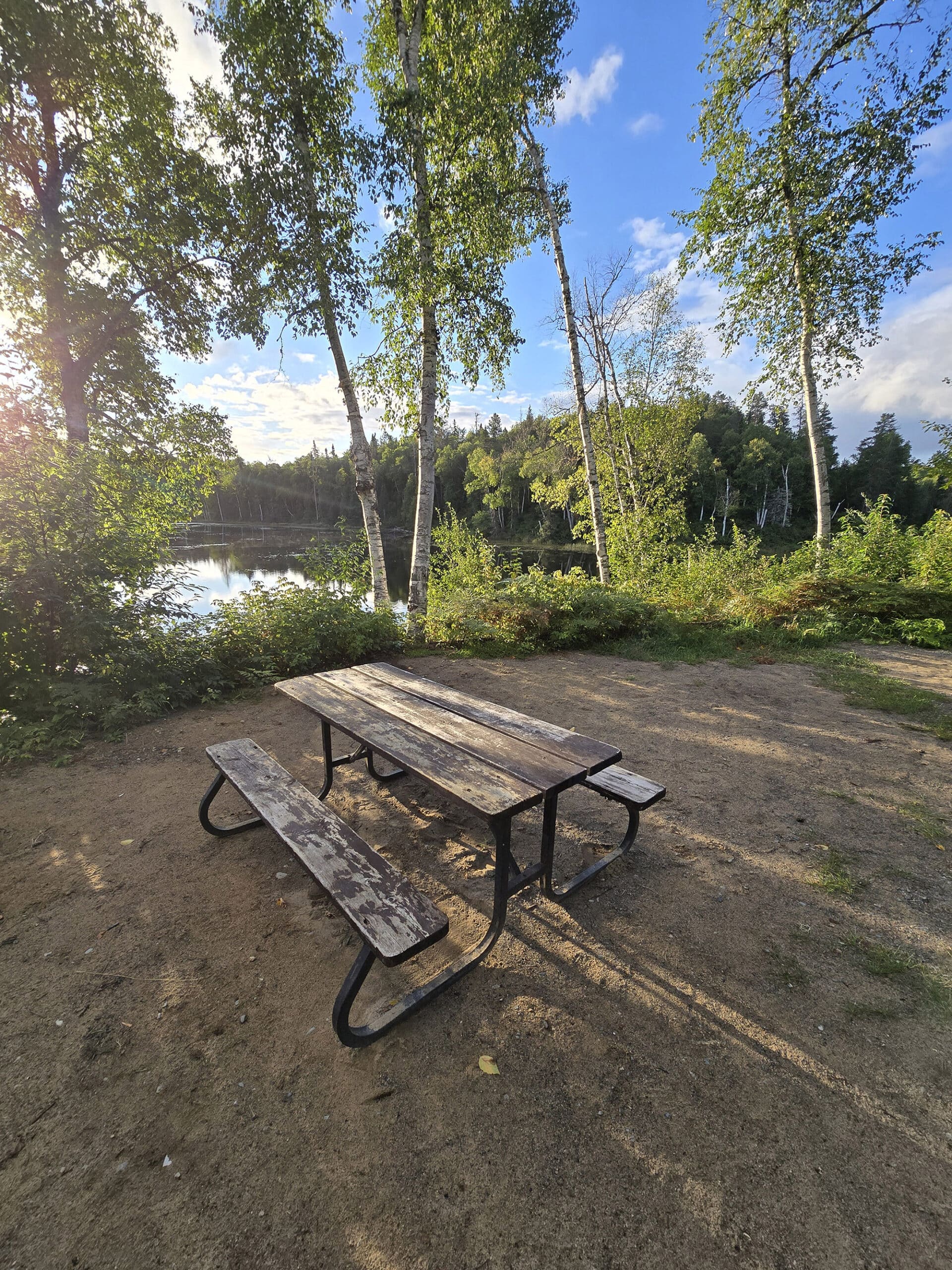 A picnic table overlooking at lake at Esker Lakes Provincial Park.
