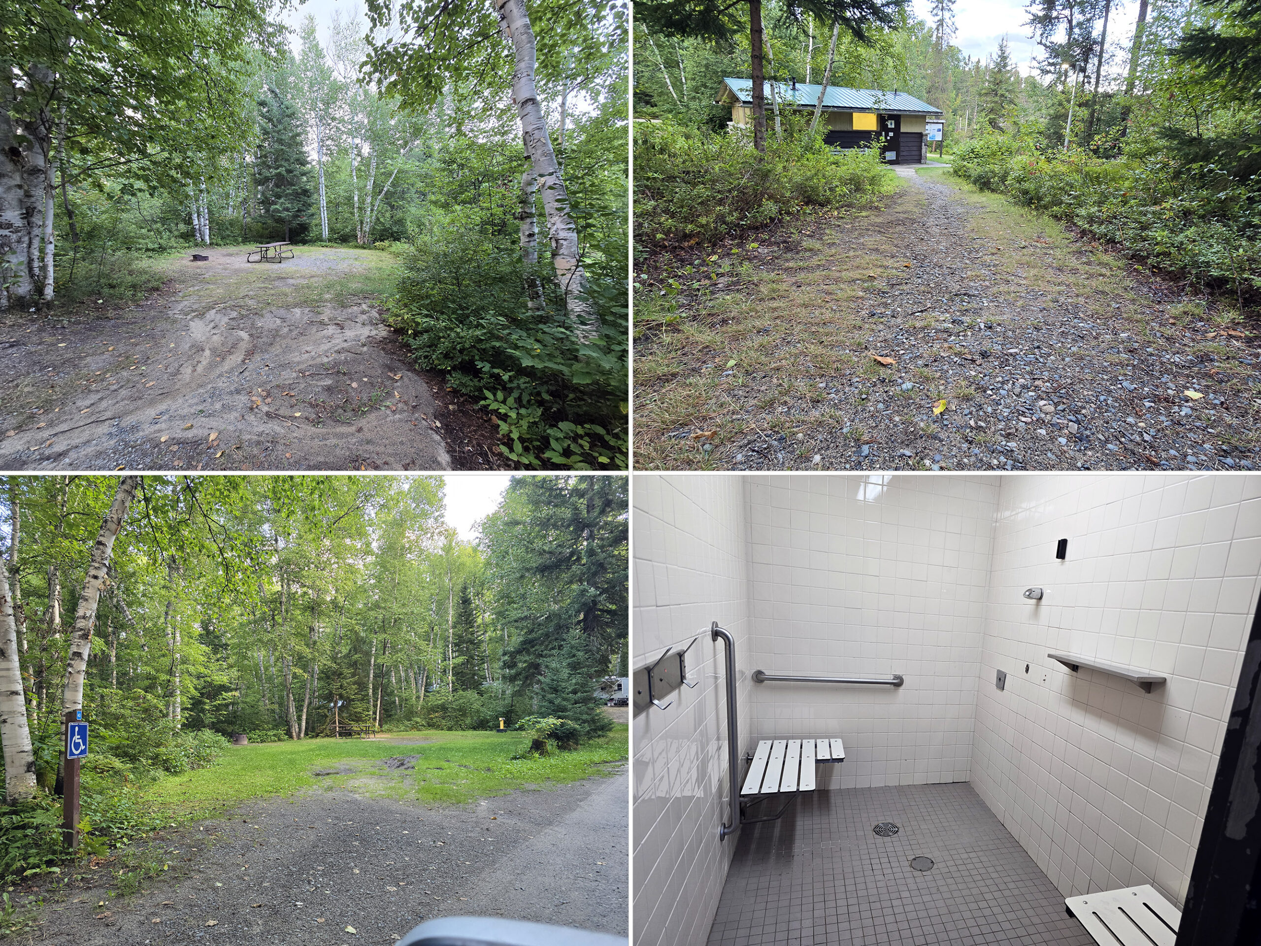 4 part image showing various aspects of accessibility issues at Esker Lakes Provincial Park.