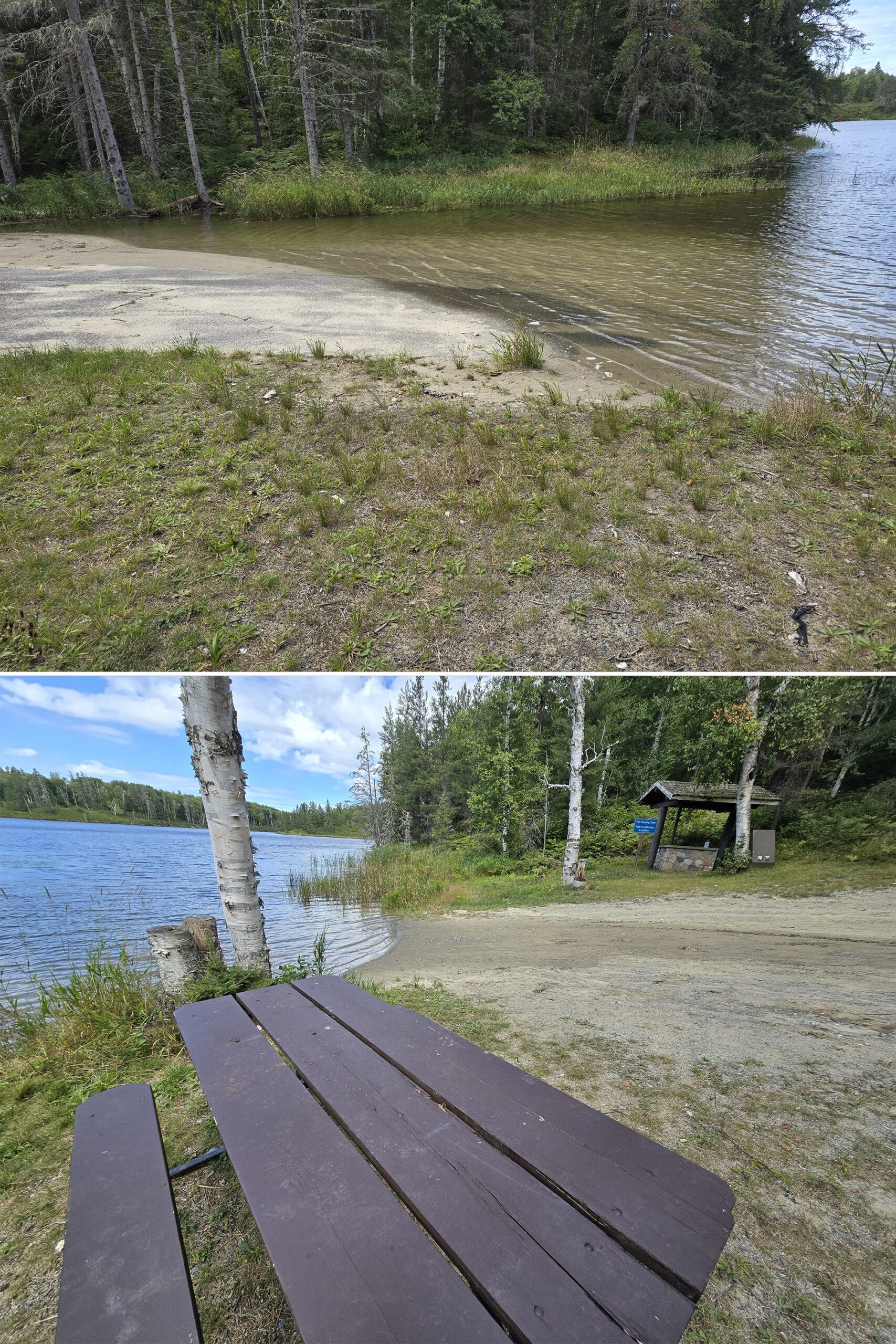 2 part image showing the boat launch at Esker Lakes Provincial Park.