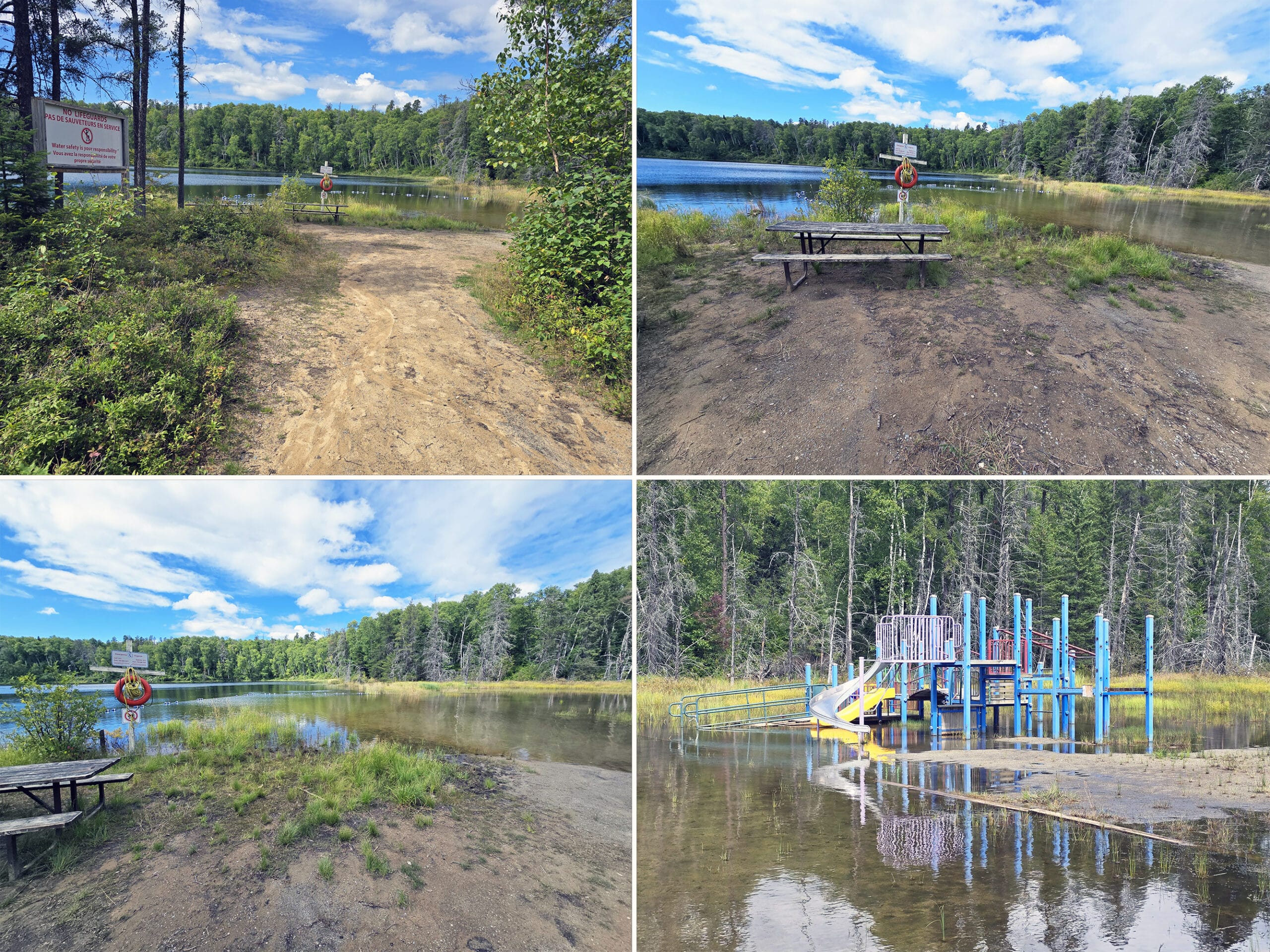 4 part image showing a flooded beach and playground at Esker Lakes Provincial Park.