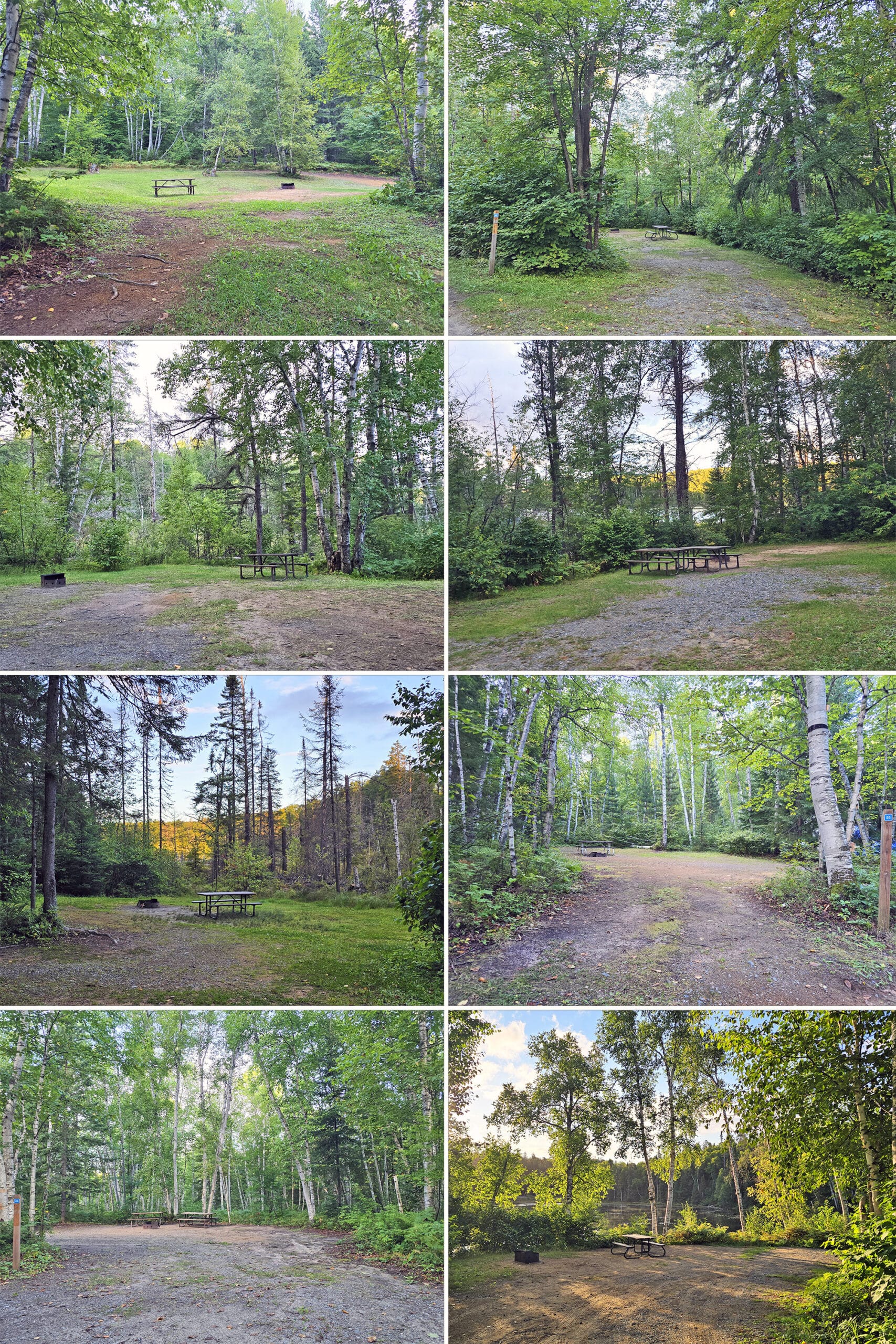8 part image showing different campsites at Esker Lakes Provincial Park.