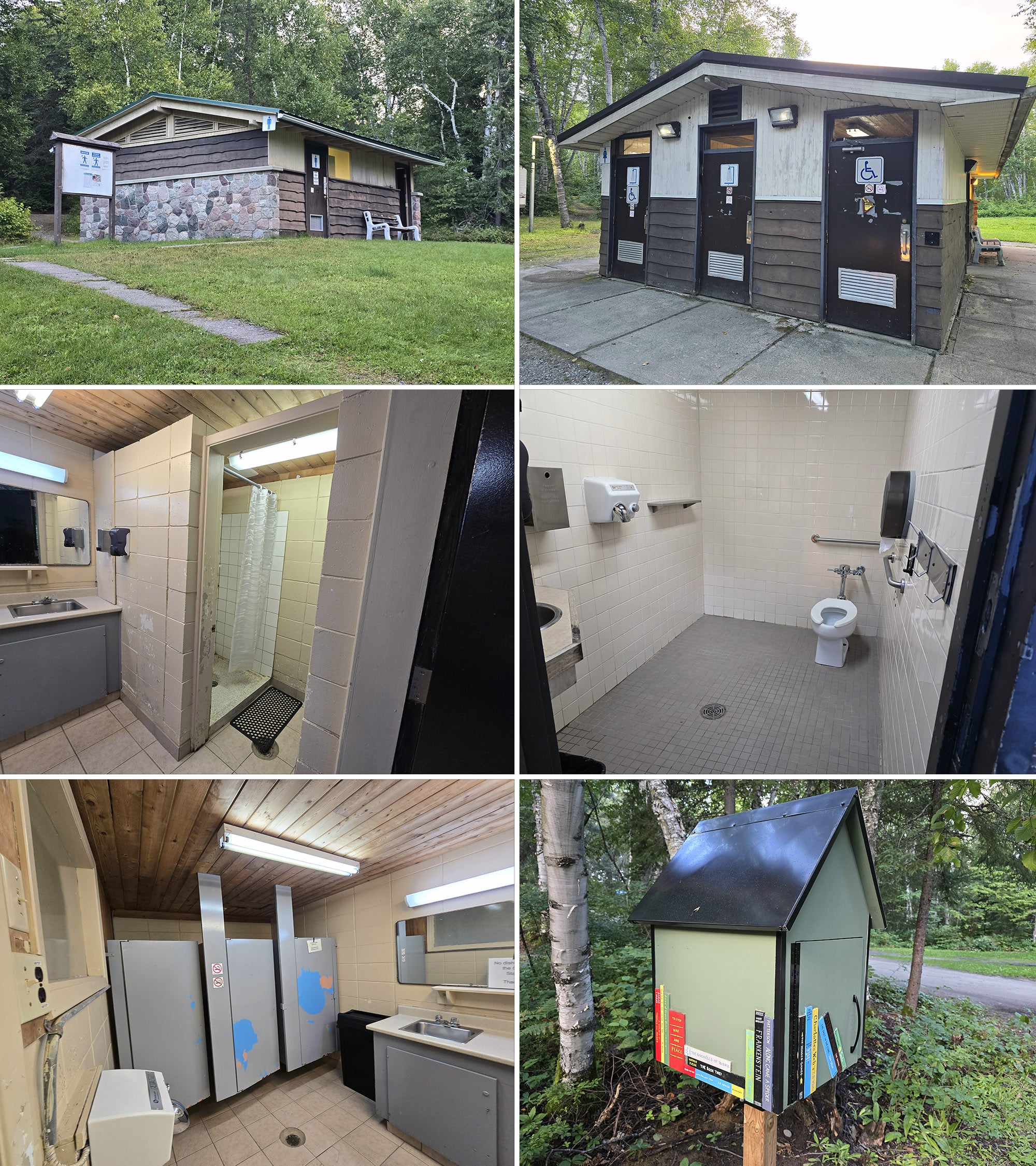 3 part image showing various views of the 2 comfort stations at Esker Lakes Provincial Park.