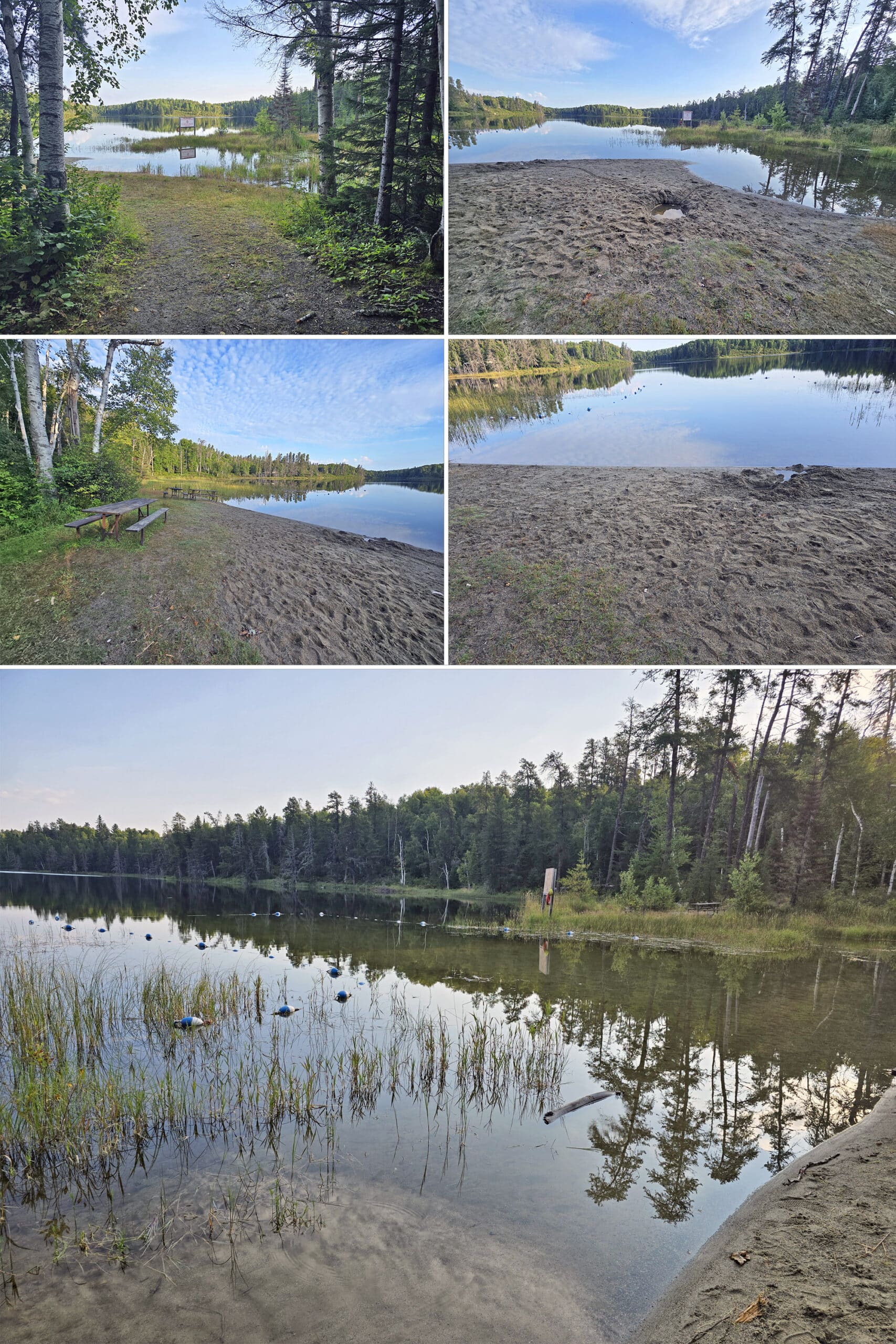 5 part image showing various views of the day use beach at Esker Lakes Provincial Park.