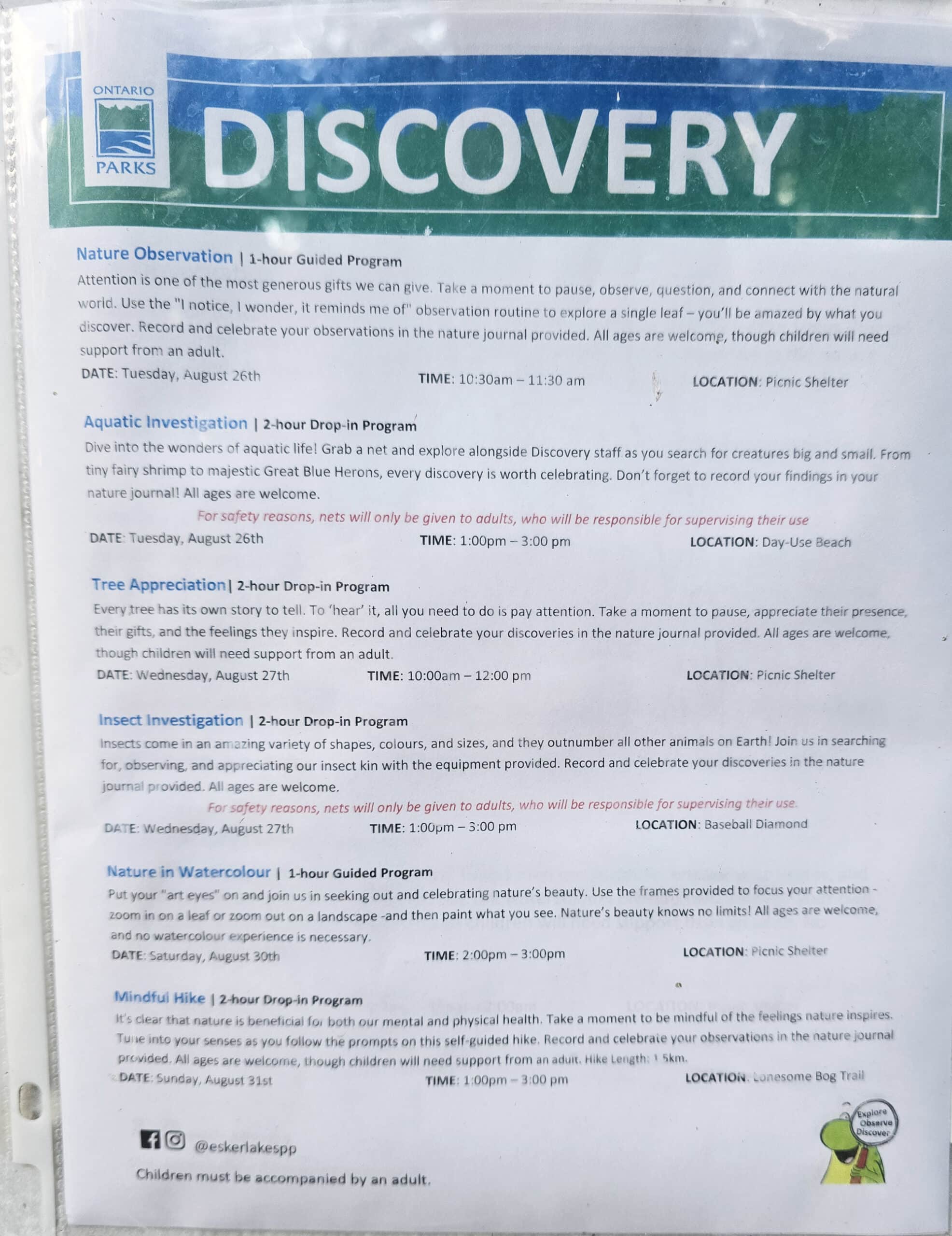 A printout of the Esker Lakes Provincial Park discovery program schedule.