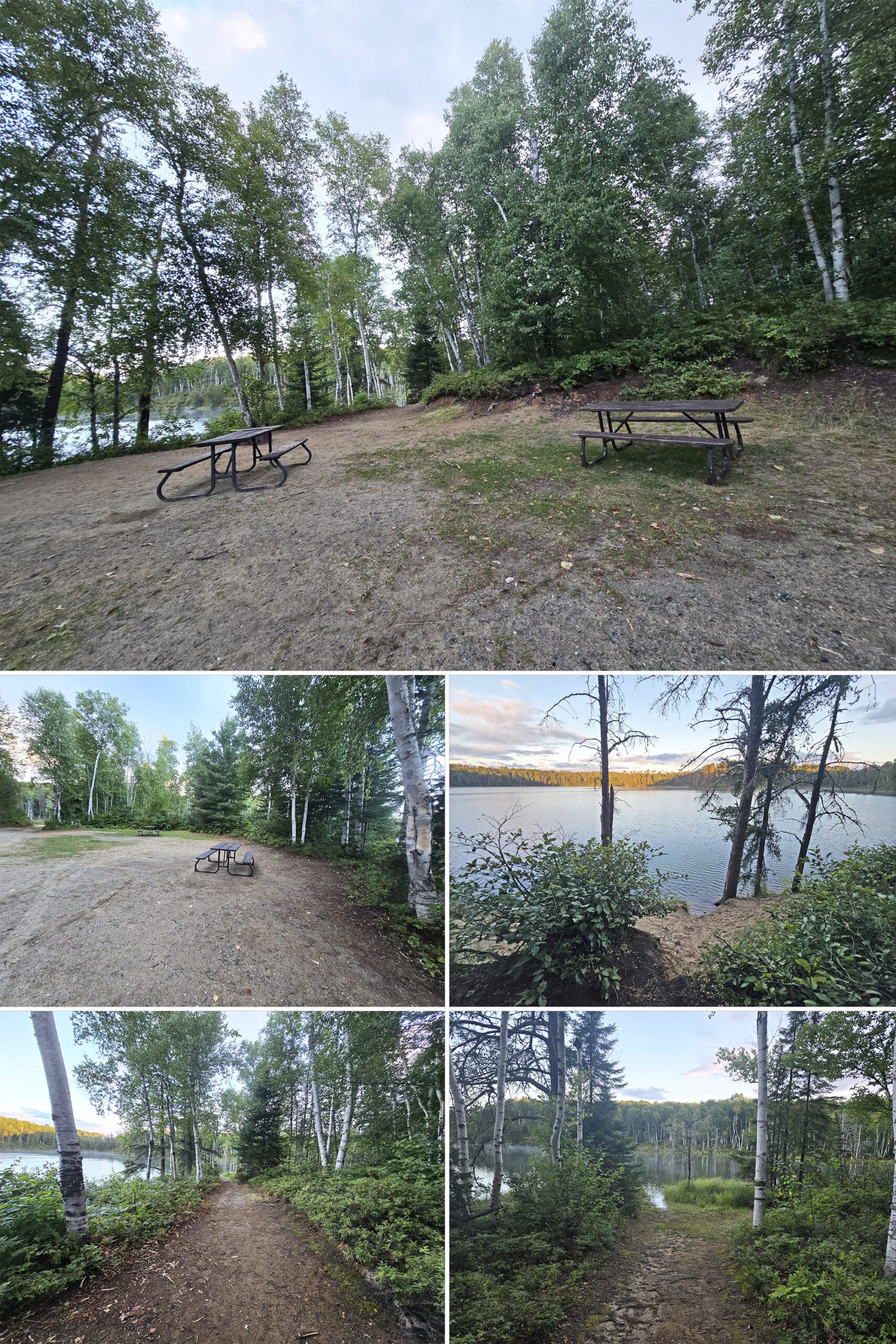 5 part image showing various views of group site 402 at Esker Lakes Provincial Park.