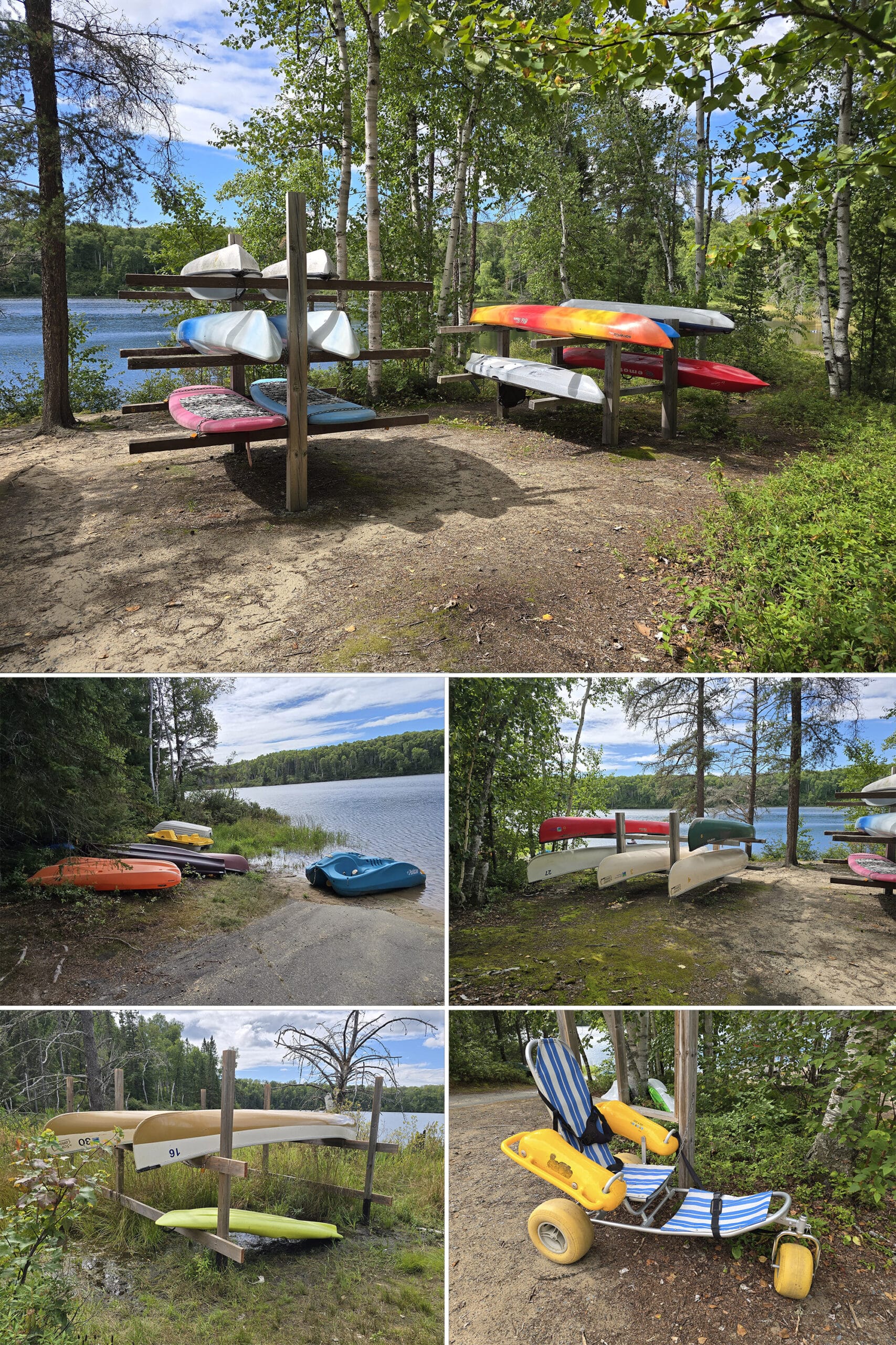 5 part image showing various aspects of the rental equipment areas at Esker Lakes Provincial Park.