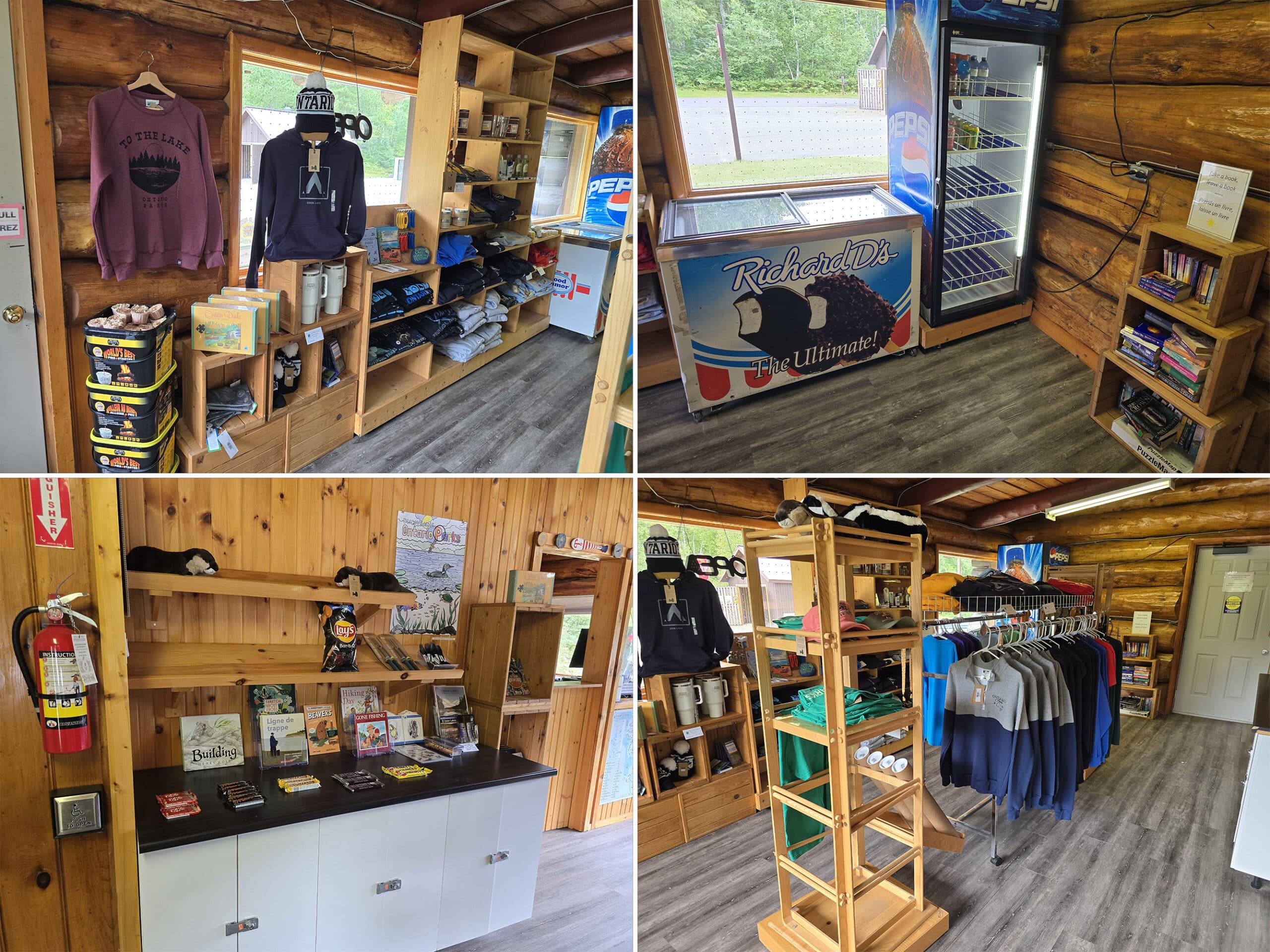 4 part image showing various views of the store at Esker Lakes Provincial Park.