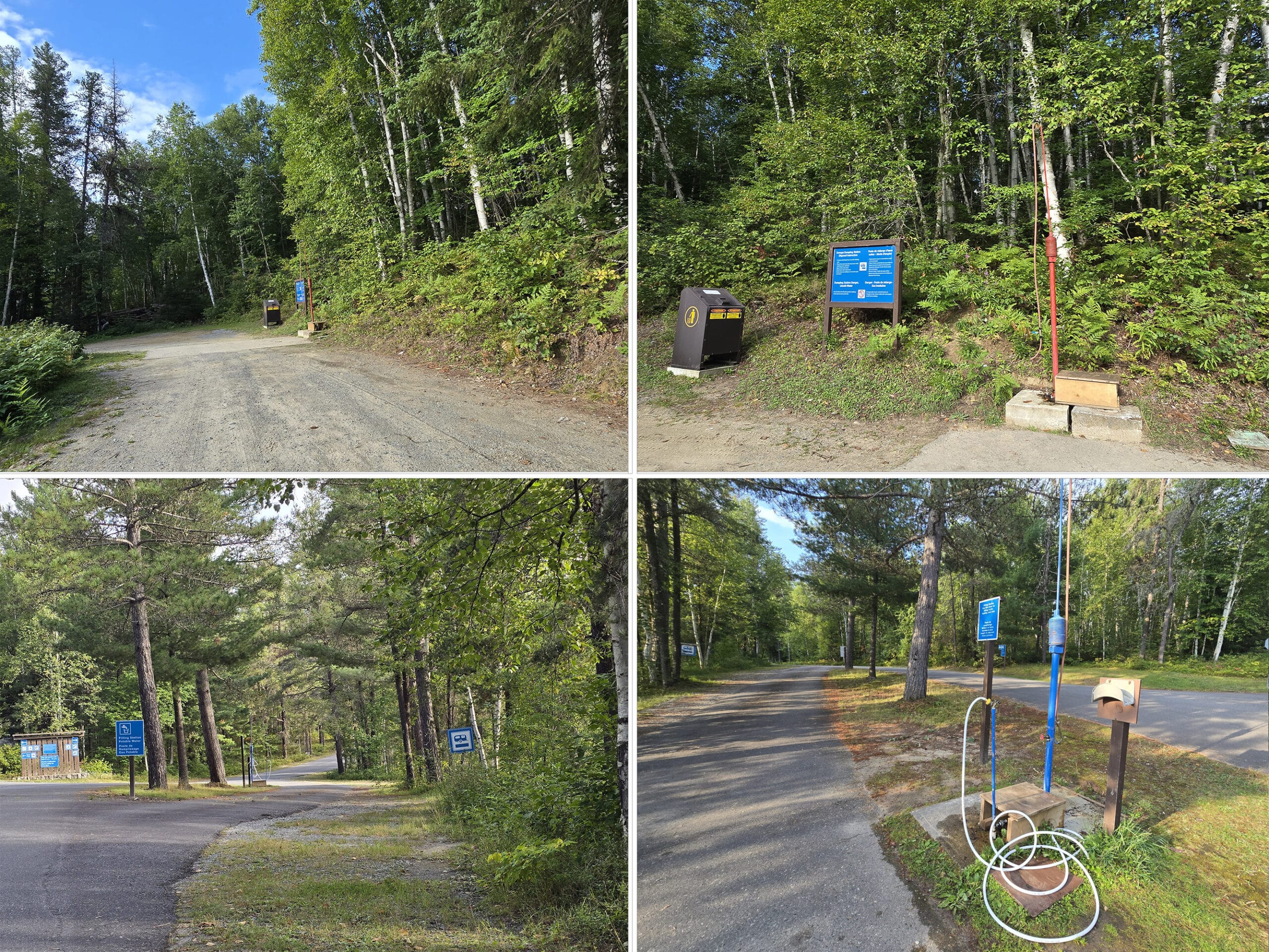 4 part image showing various views of the trailer sanitation and fill stations at Esker Lakes Provincial Park.