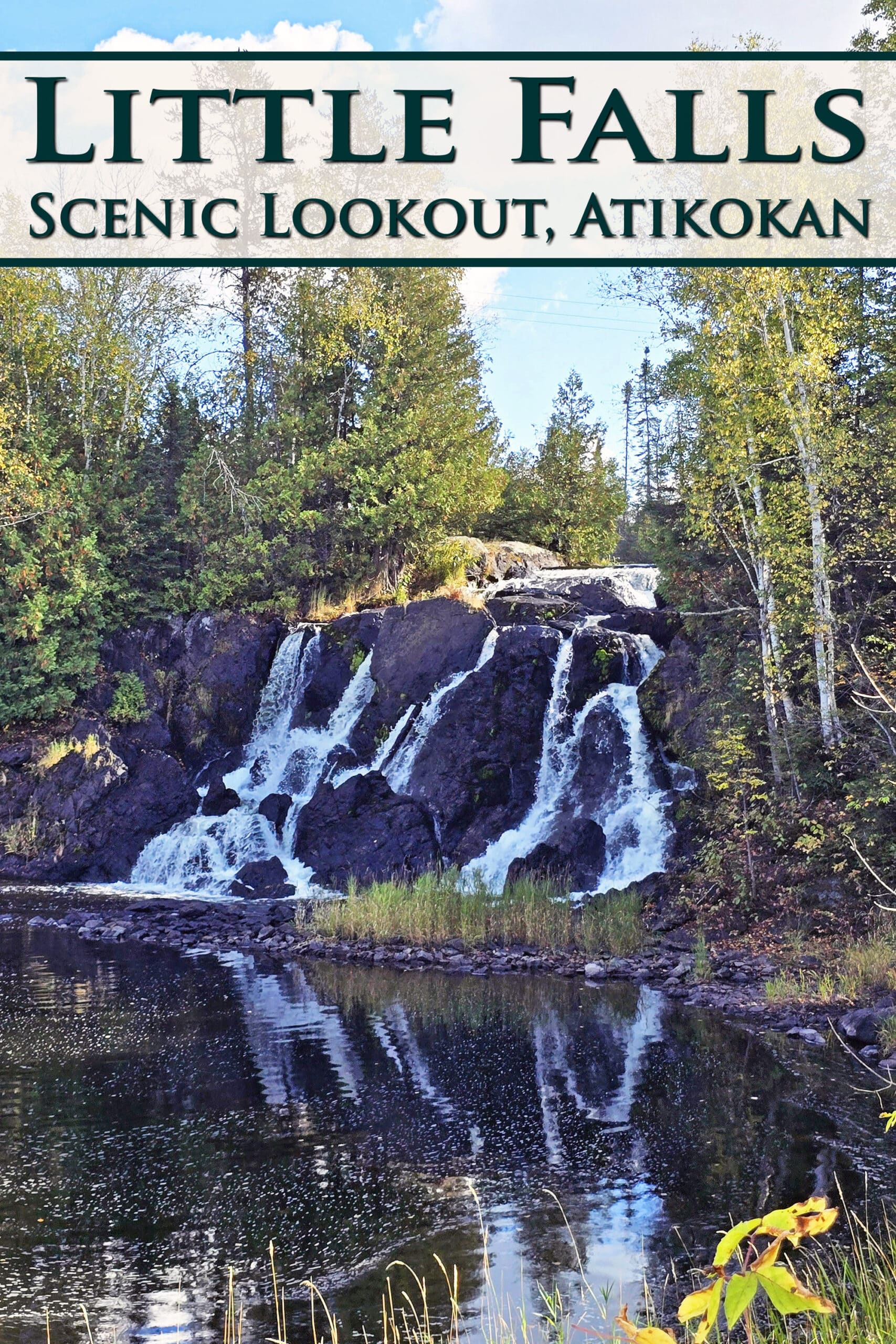 Little Falls Cascade Waterfall. Overlaid text says little falls scenic lookout.