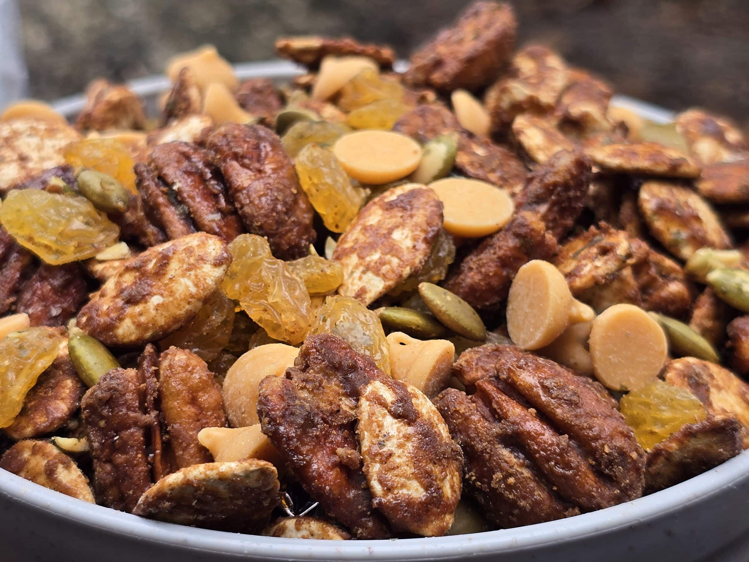 A bowl of homemade pumpkin spice trail mix.