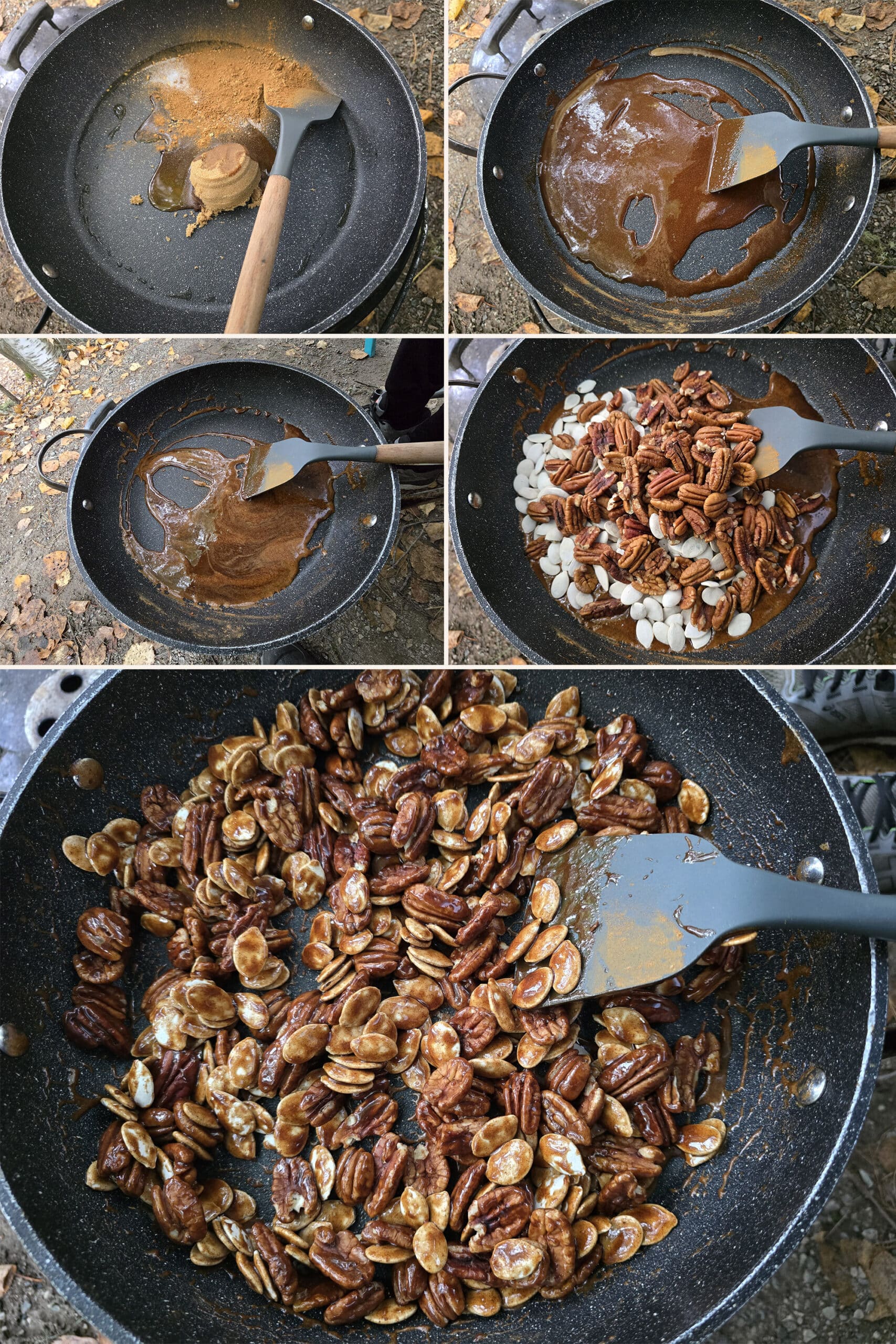 5 part image showing the spices, water, salt, and brown sugar being mixed, simmered, and the pecans and pumpkin seeds being stirred in.
