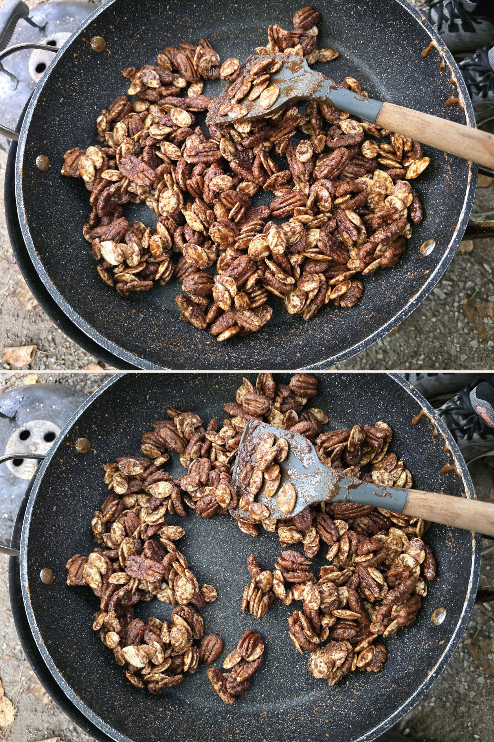 2 part image showing the glazed nuts cooking in a pan.