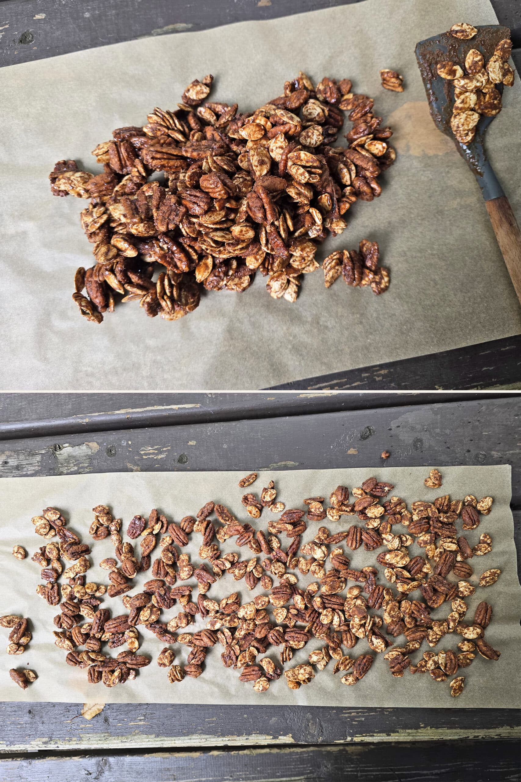 2 part image showing the hot glazed nuts being spread on parchment paper.