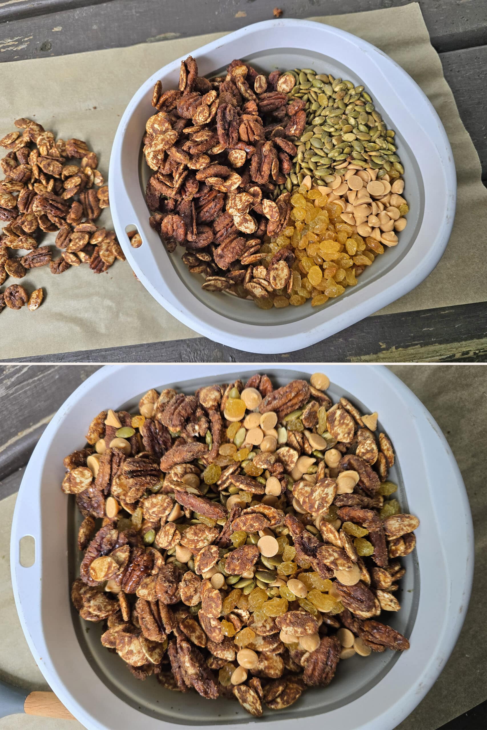2 part image showing the spiced glazed nuts being mixed with the pepitas, butterscotch chips, and golden raisins.