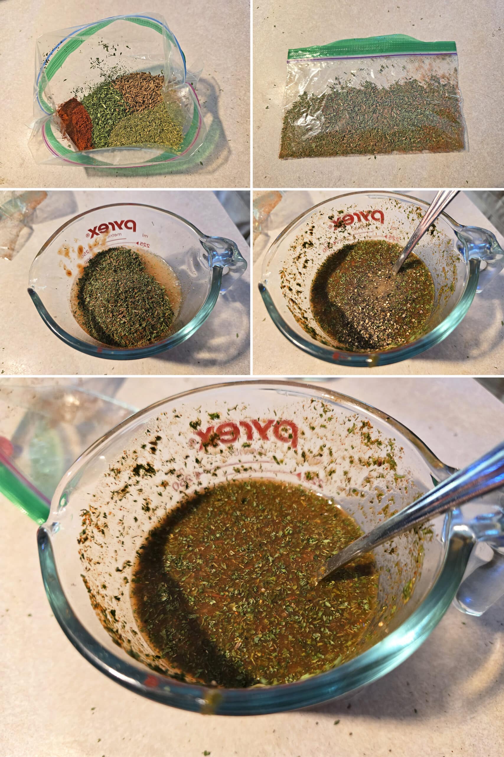 5 part image showing a the spices being mixed in a baggie, and the sauce being mixed in a measuring glass.