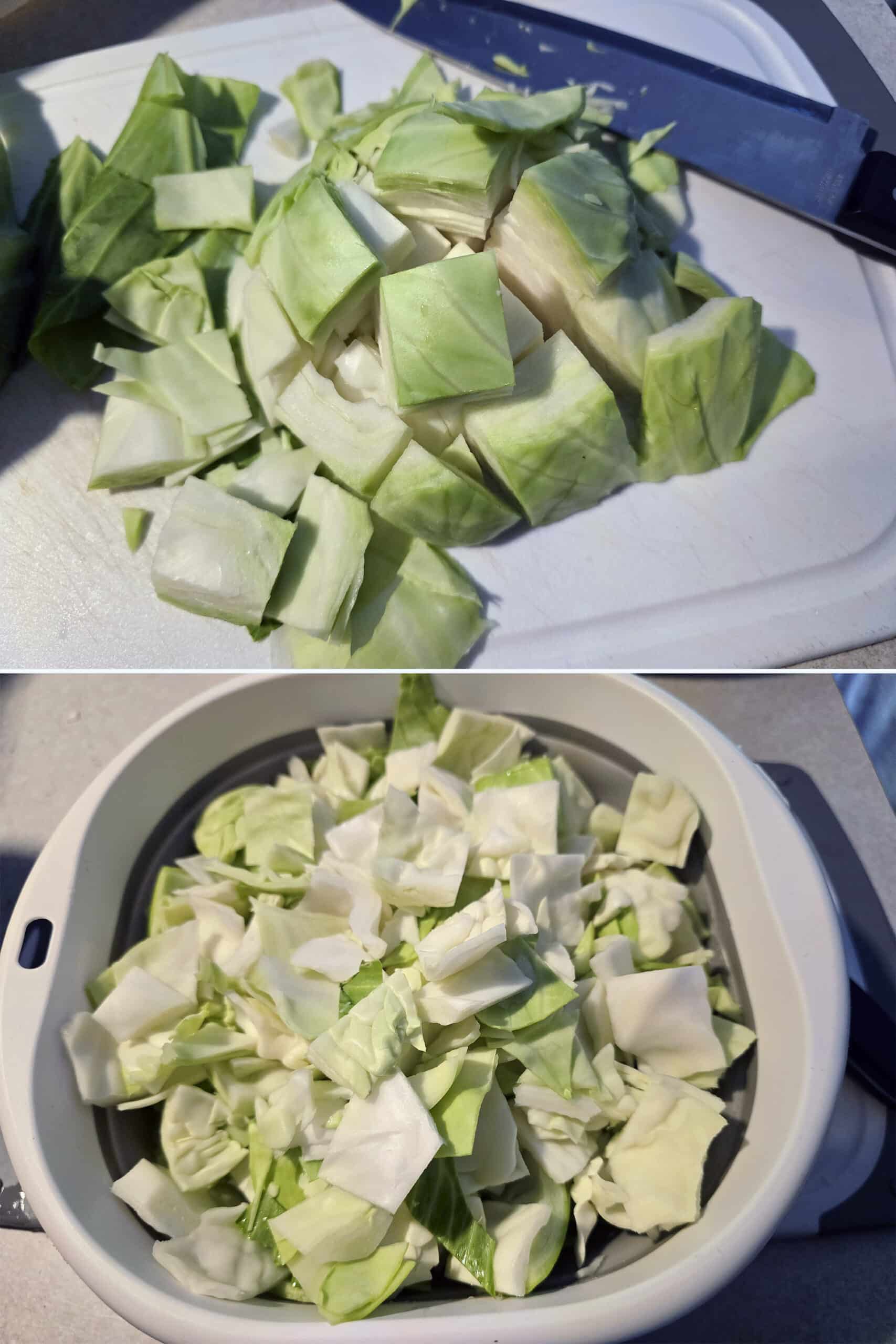 2 part image showing a green cabbage being cut into square pieces.