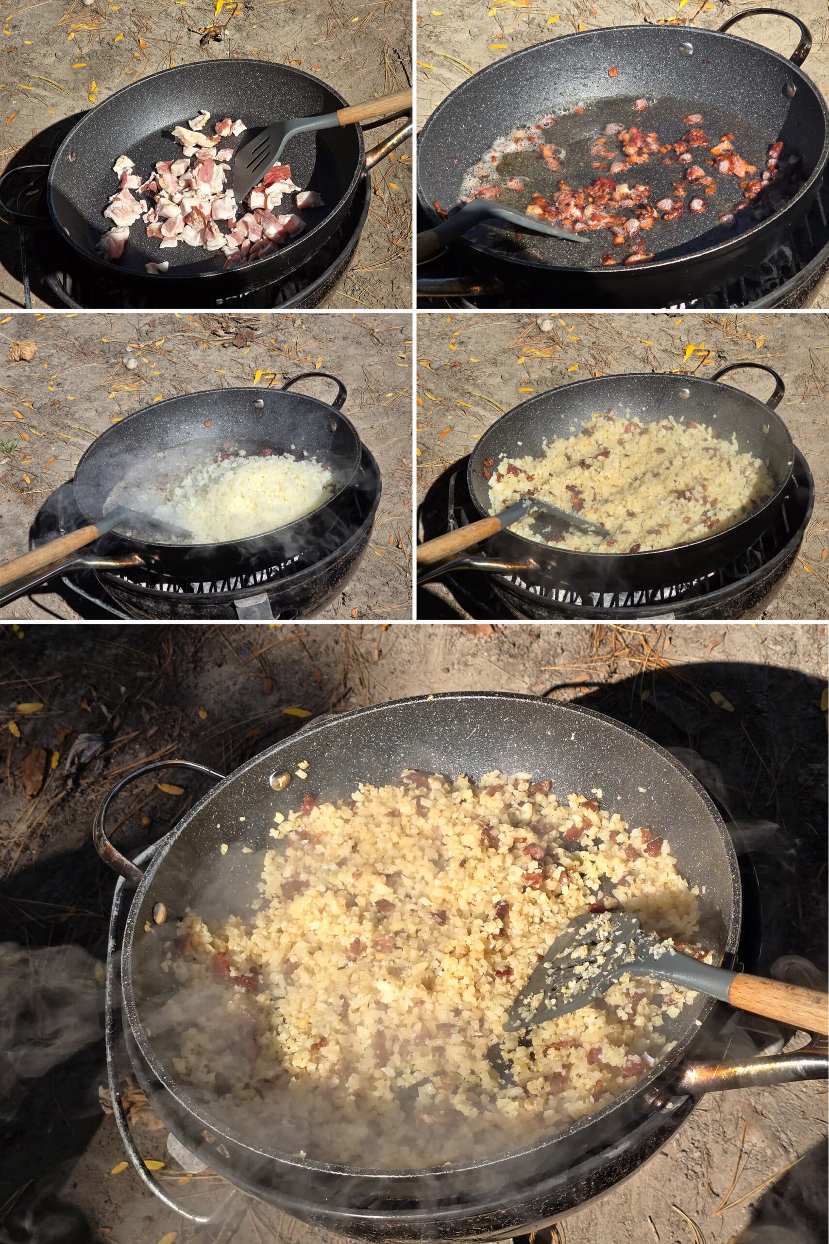 5 part image showing bacon being cooked in a pan, then cauliflower rice added and cooked til brown.