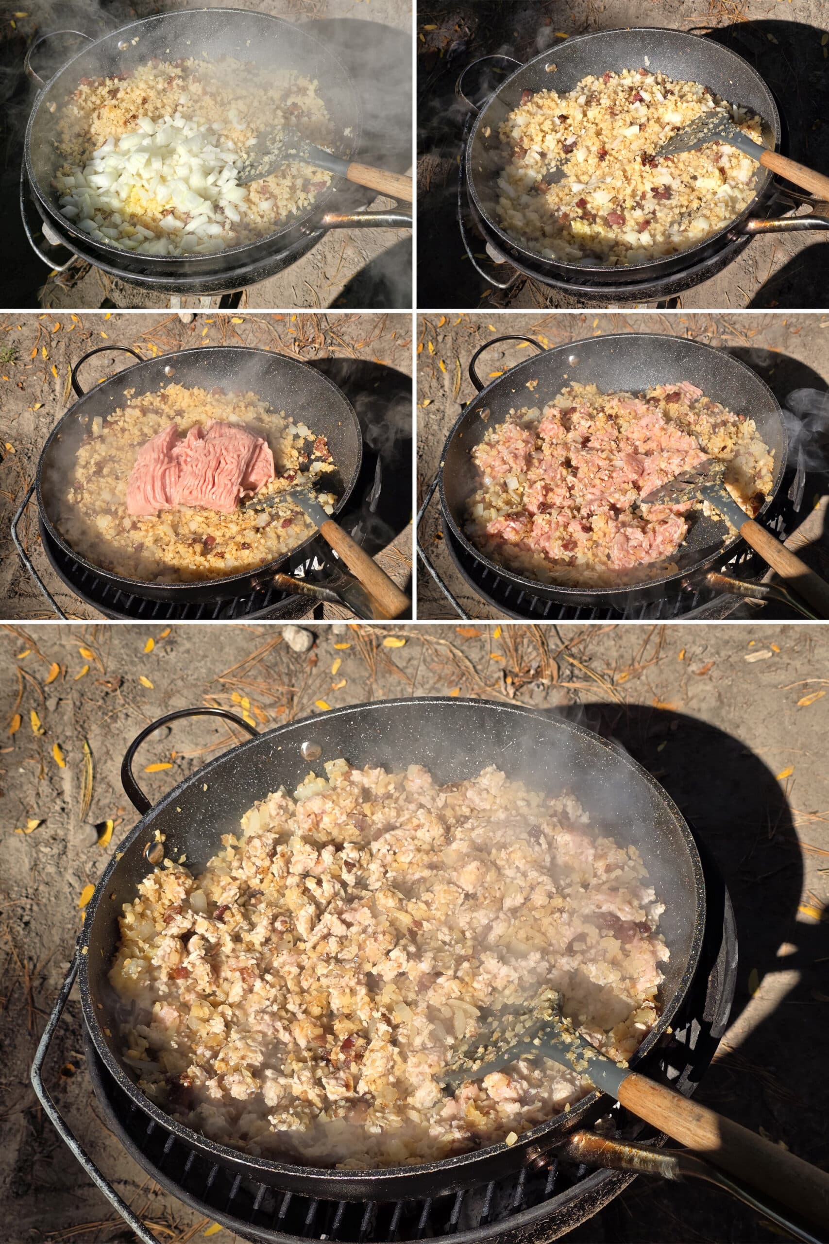 5 part image showing the onions and garlic added to the pan, then ground chicken added to the pan, broken up, and browned.