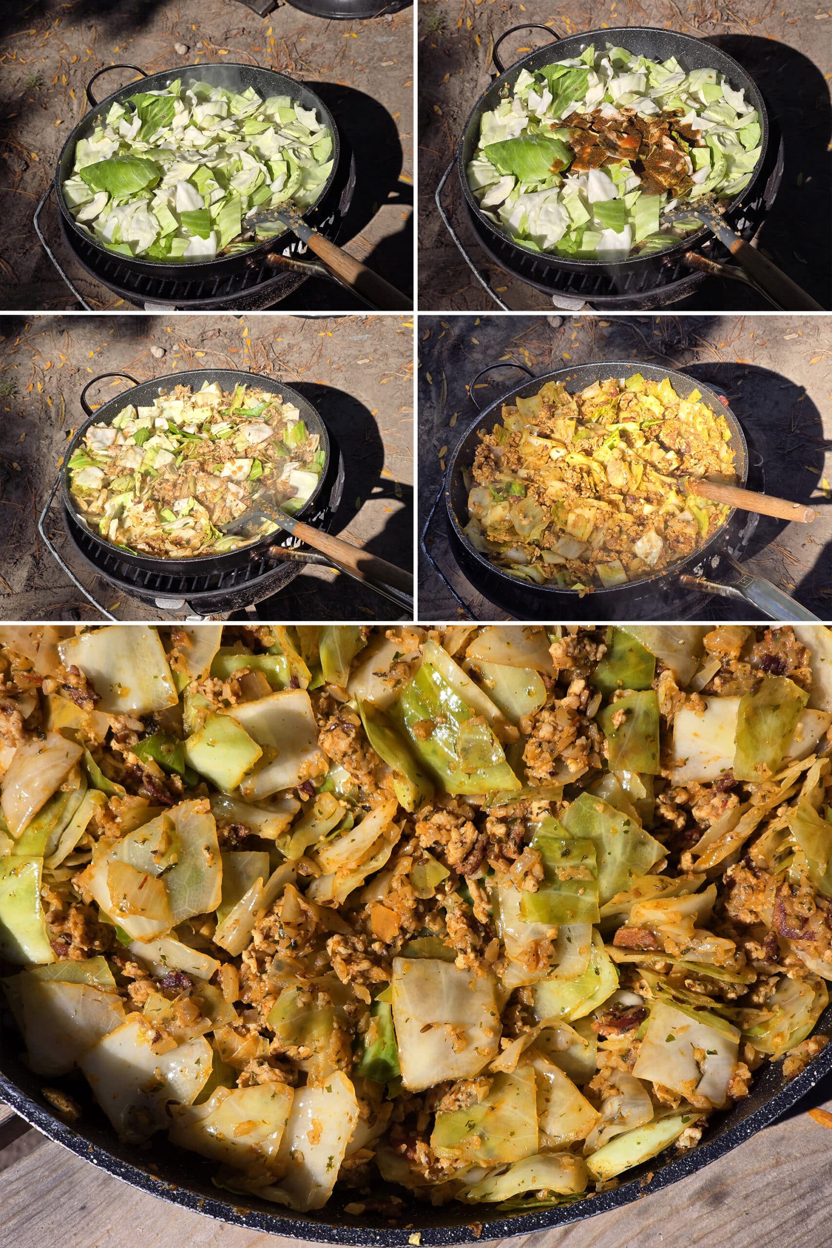 6 part image showing the cabbage and sauce being added to the pan, stirred in, and cooked til soft.