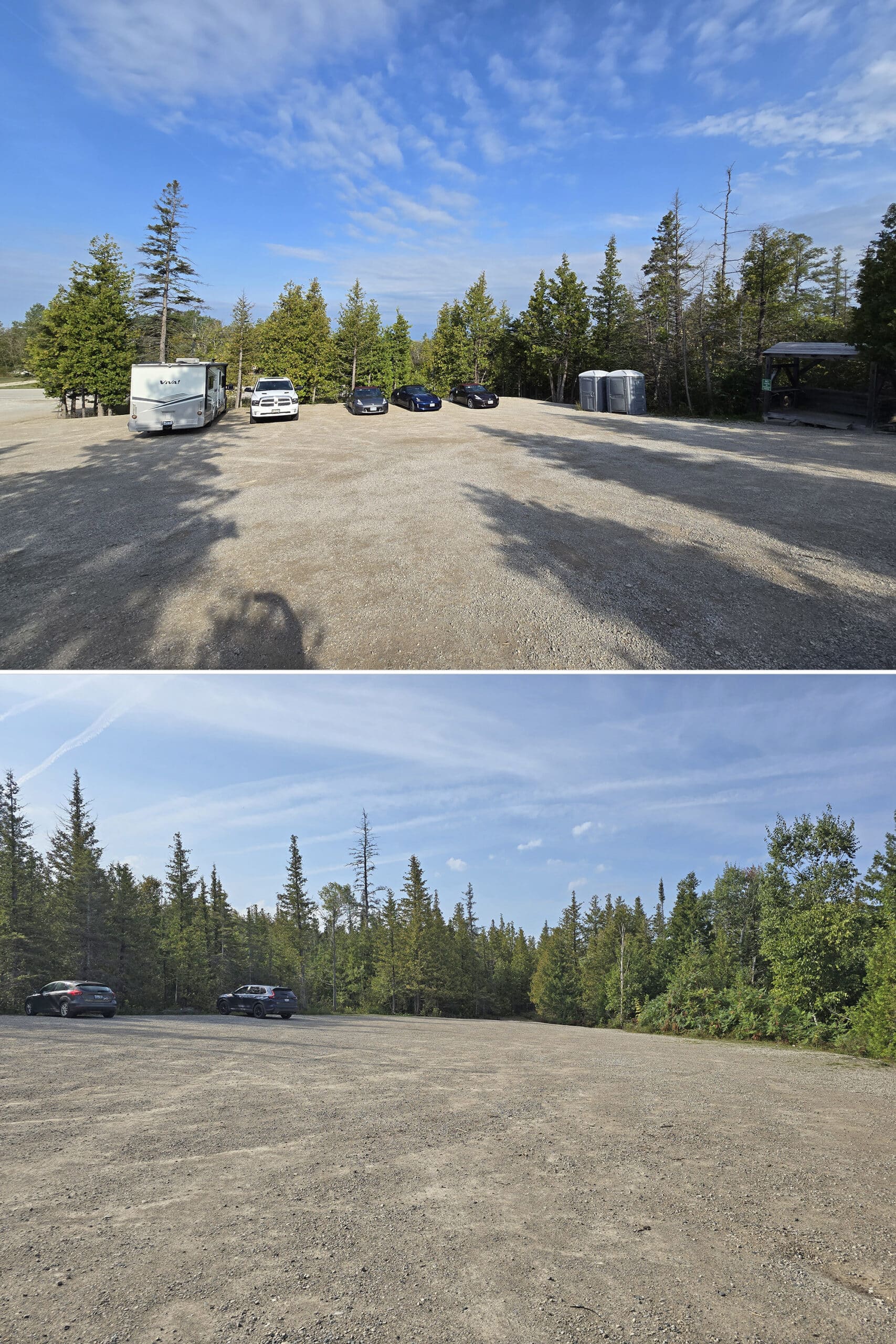 2 part image showing the parking lots at the Cup and Saucer Trail.