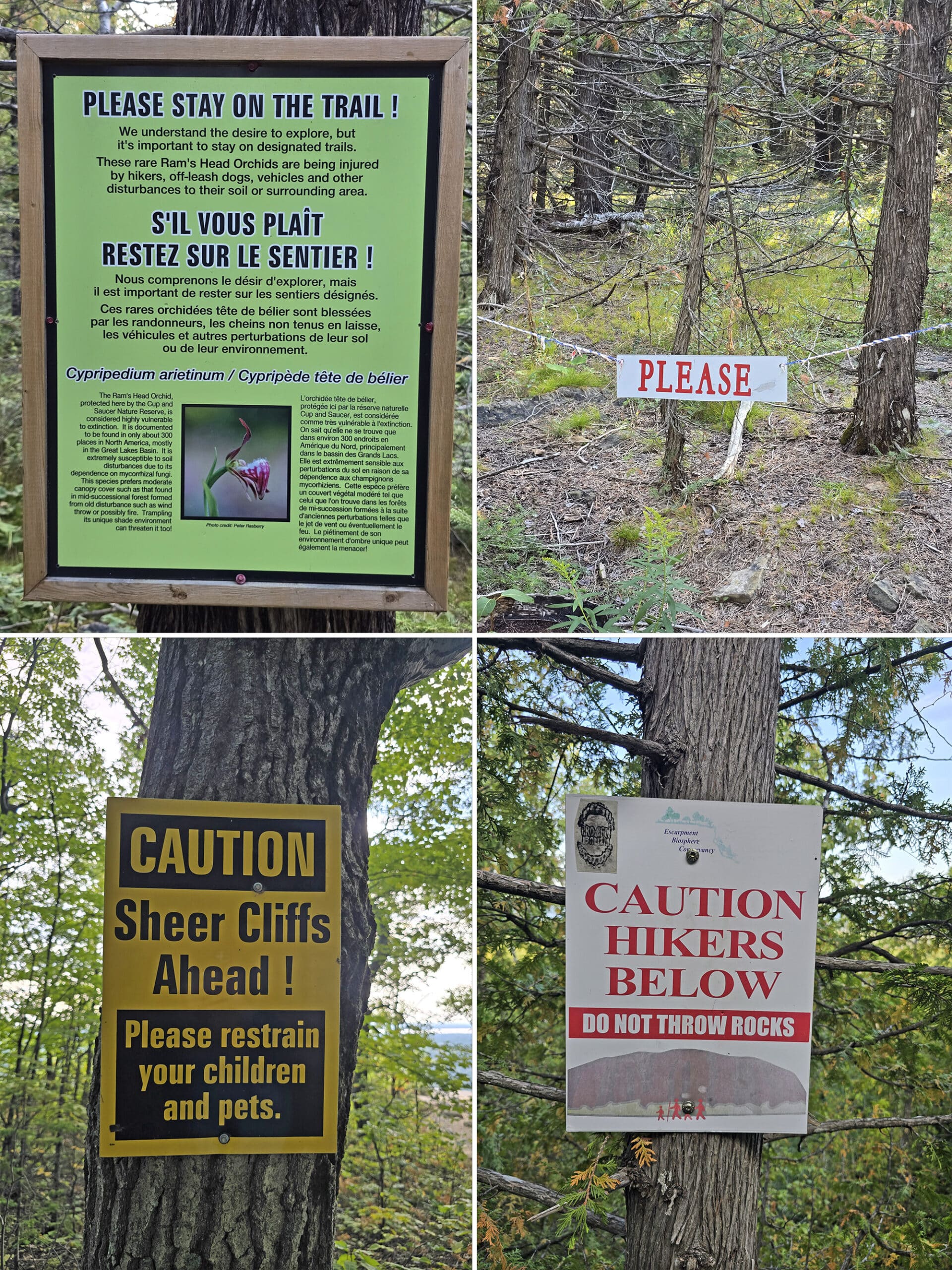 4 part image showing various trail signage at the cup and saucer trail.