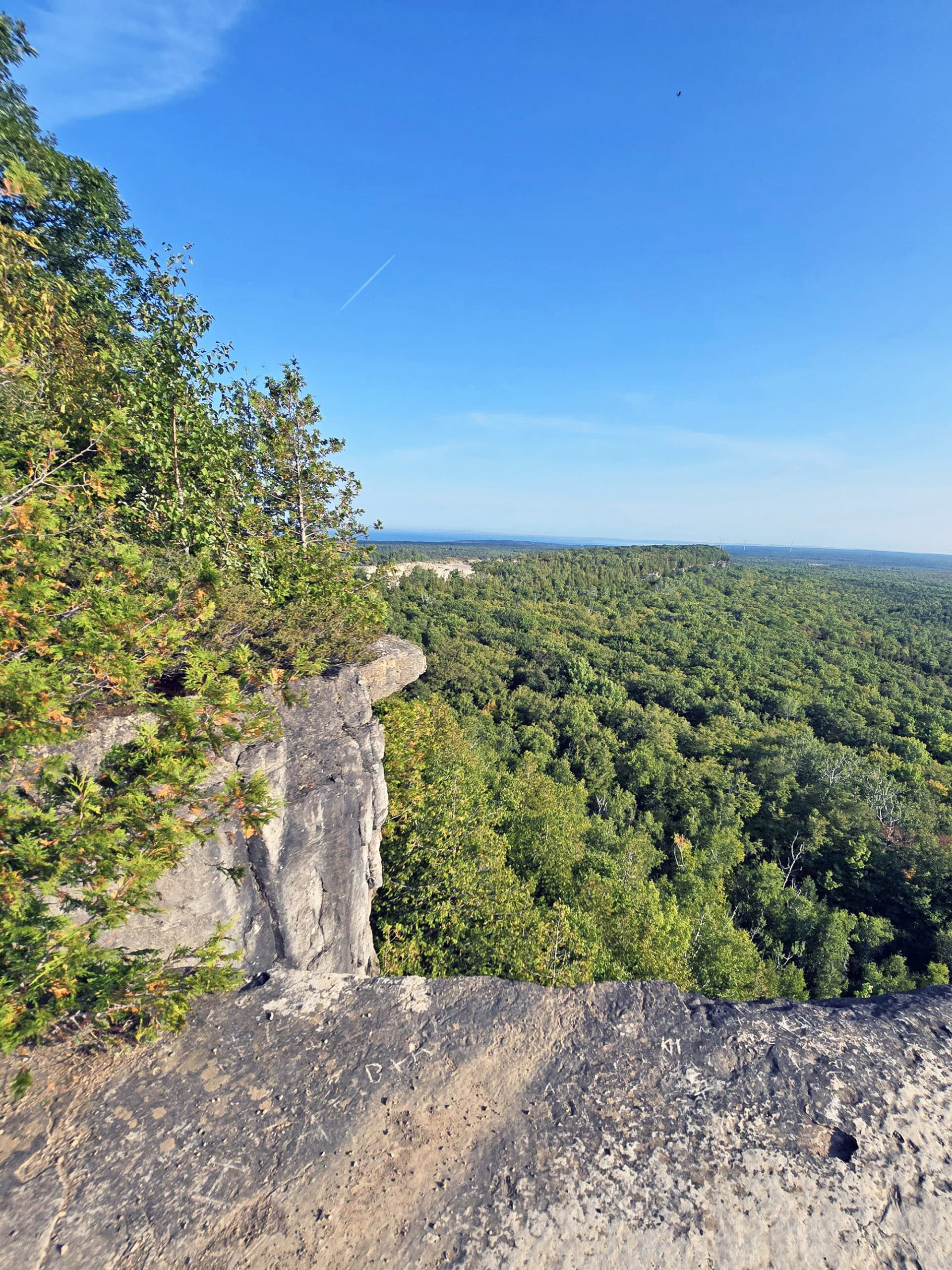 A view from the Cup and saucer trail, overlooking a tall cliff to the forest and distant lakes below.