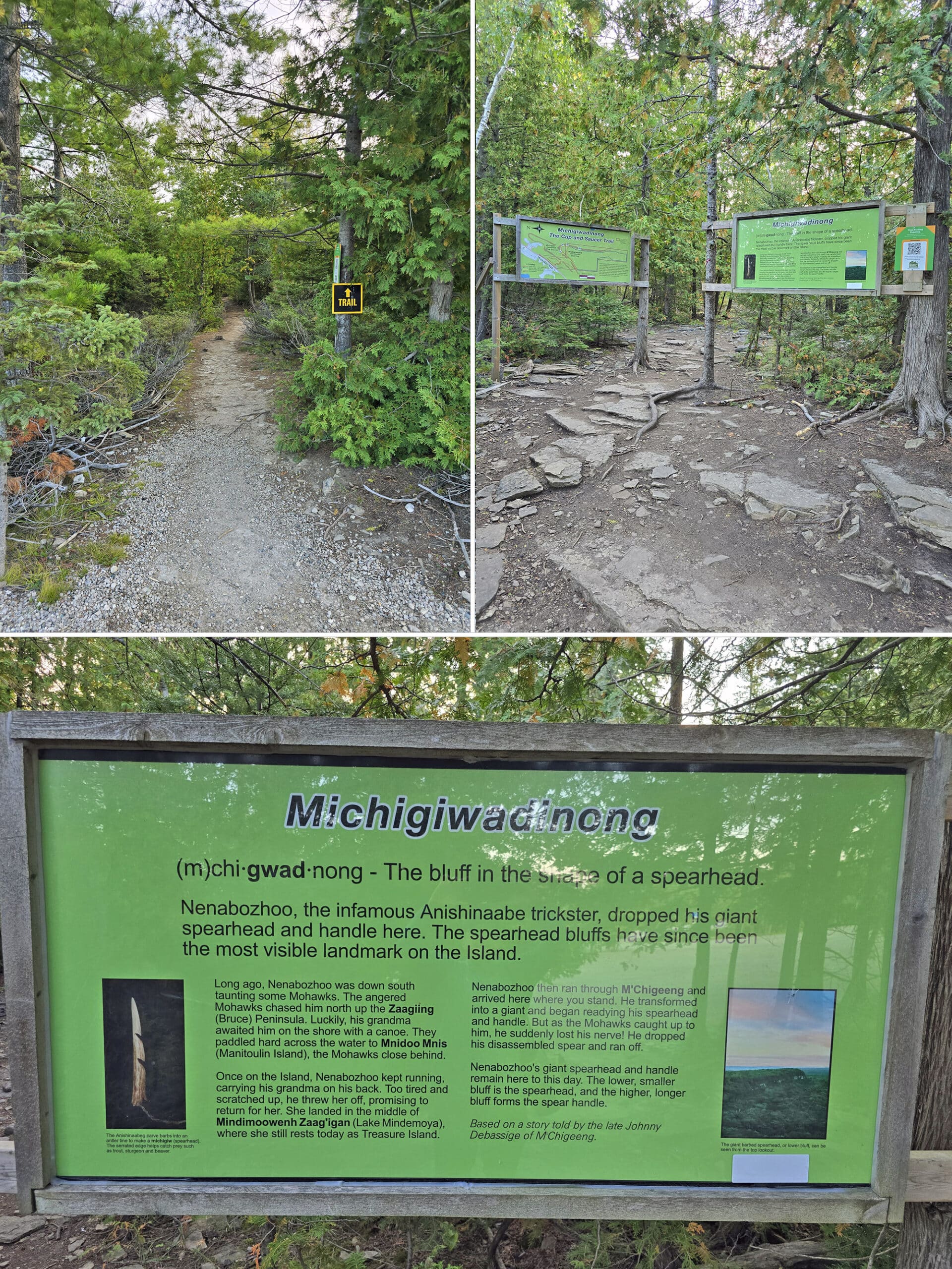 3 part image showing the trailhead and signage for the cup and saucer trail.