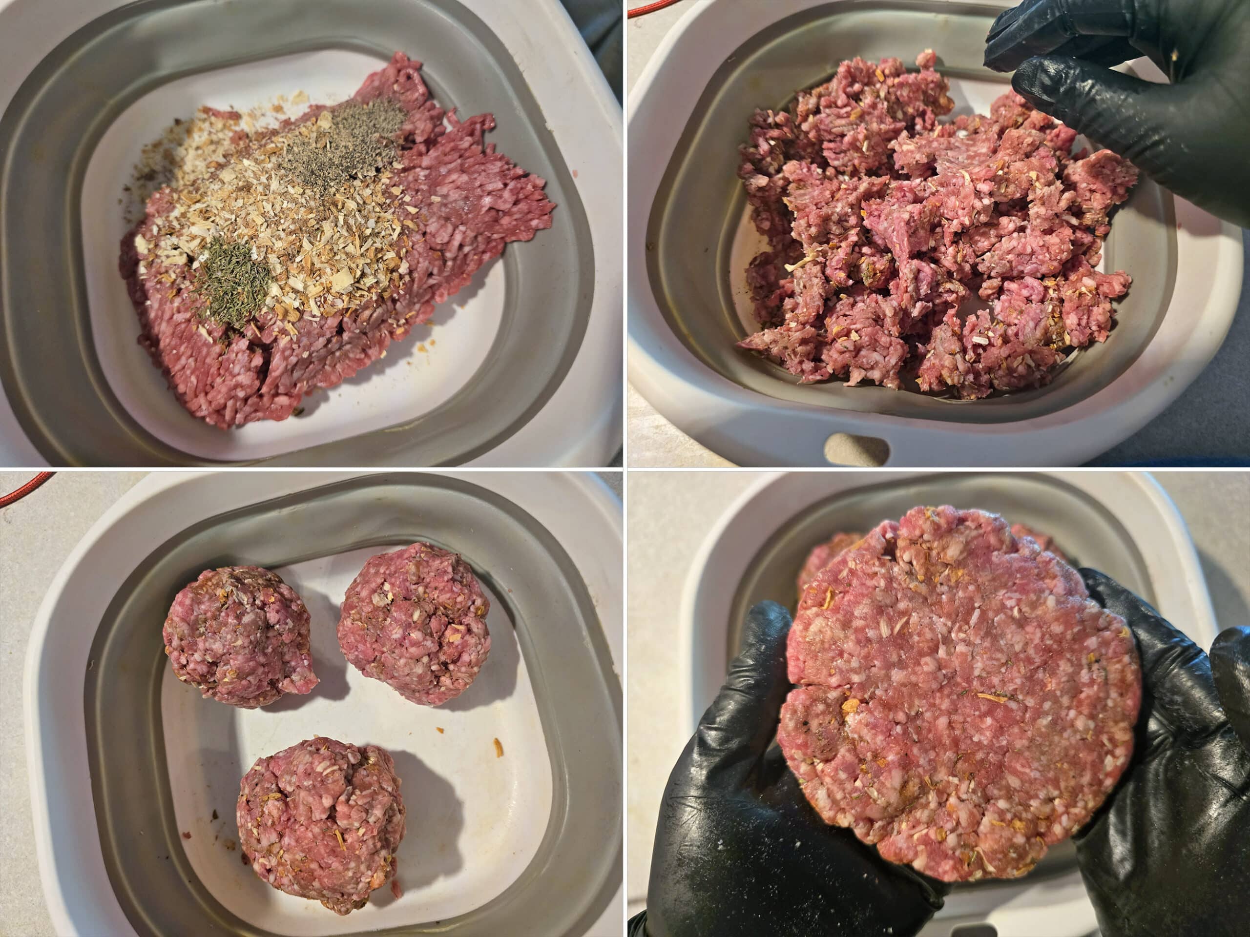 4 part image showing the meat mixture being combined in a pan, divided into 3 balls, and formed into burger patties.