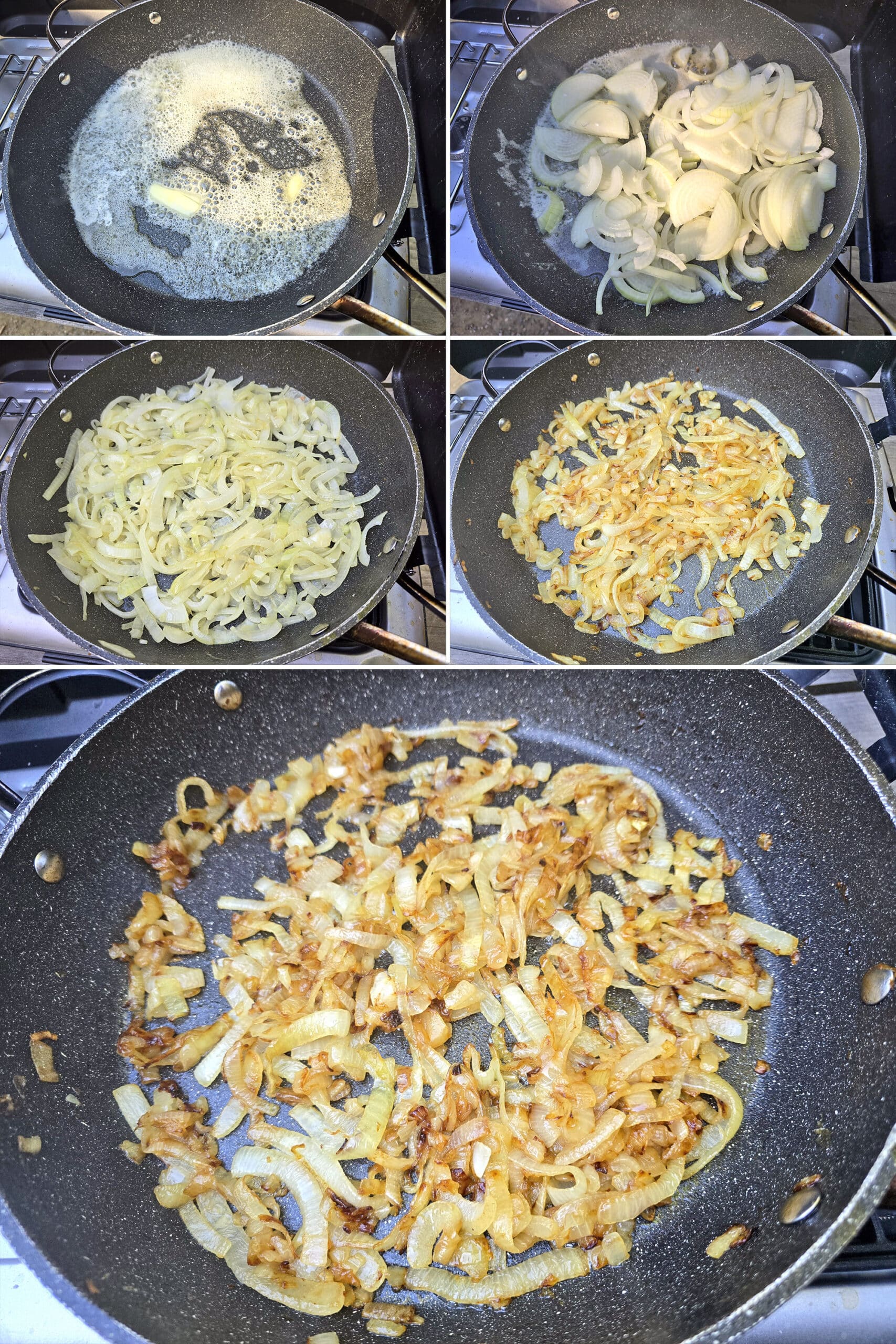 5 part image showing a progression of sliced onions being caramelized in a pan over a charcoal grill.