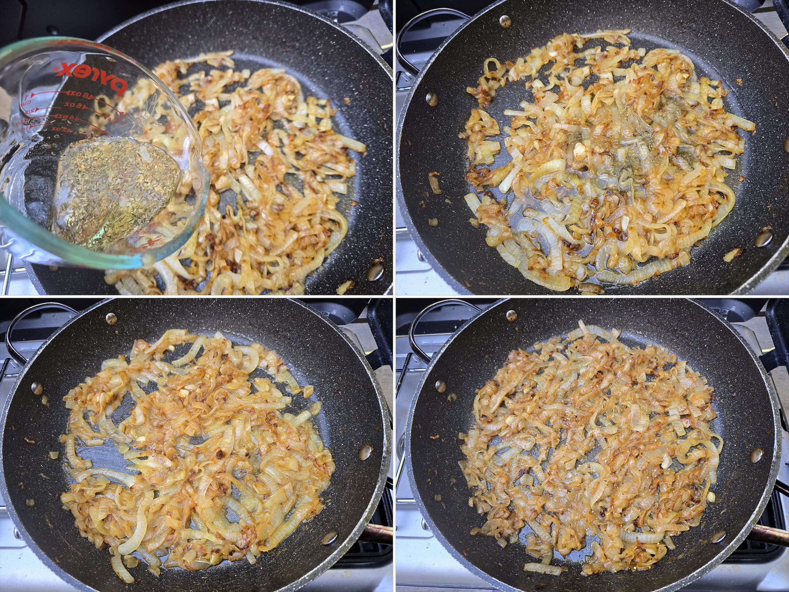 4 part image showing the white wine and thyme being added to the pan of caramelized onions and cooked down.