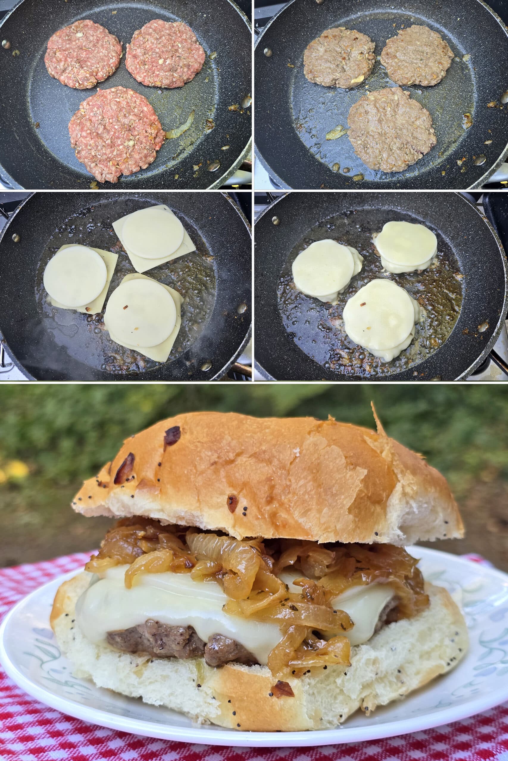 5 part image showing burgers cooking in a pan, being topped with swiss and provolone cheeses, then assembled into a burger with the caramelized onions.