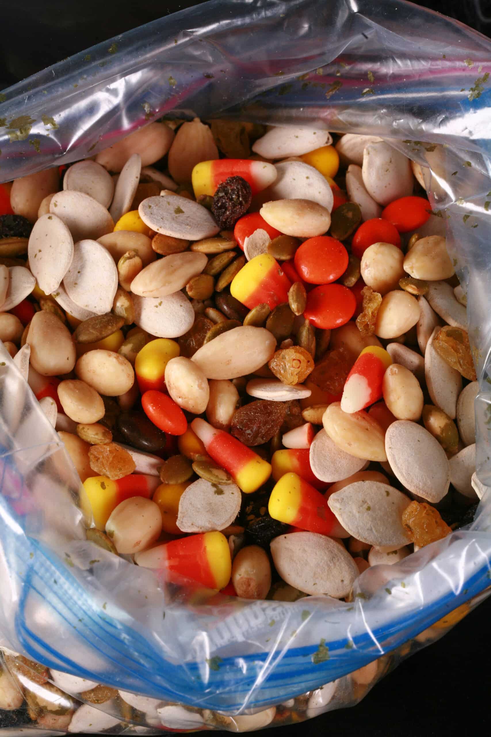 A baggie of halloween snack mix, with almonds, raisins, pumpkin seeds, candy corn, and more.
